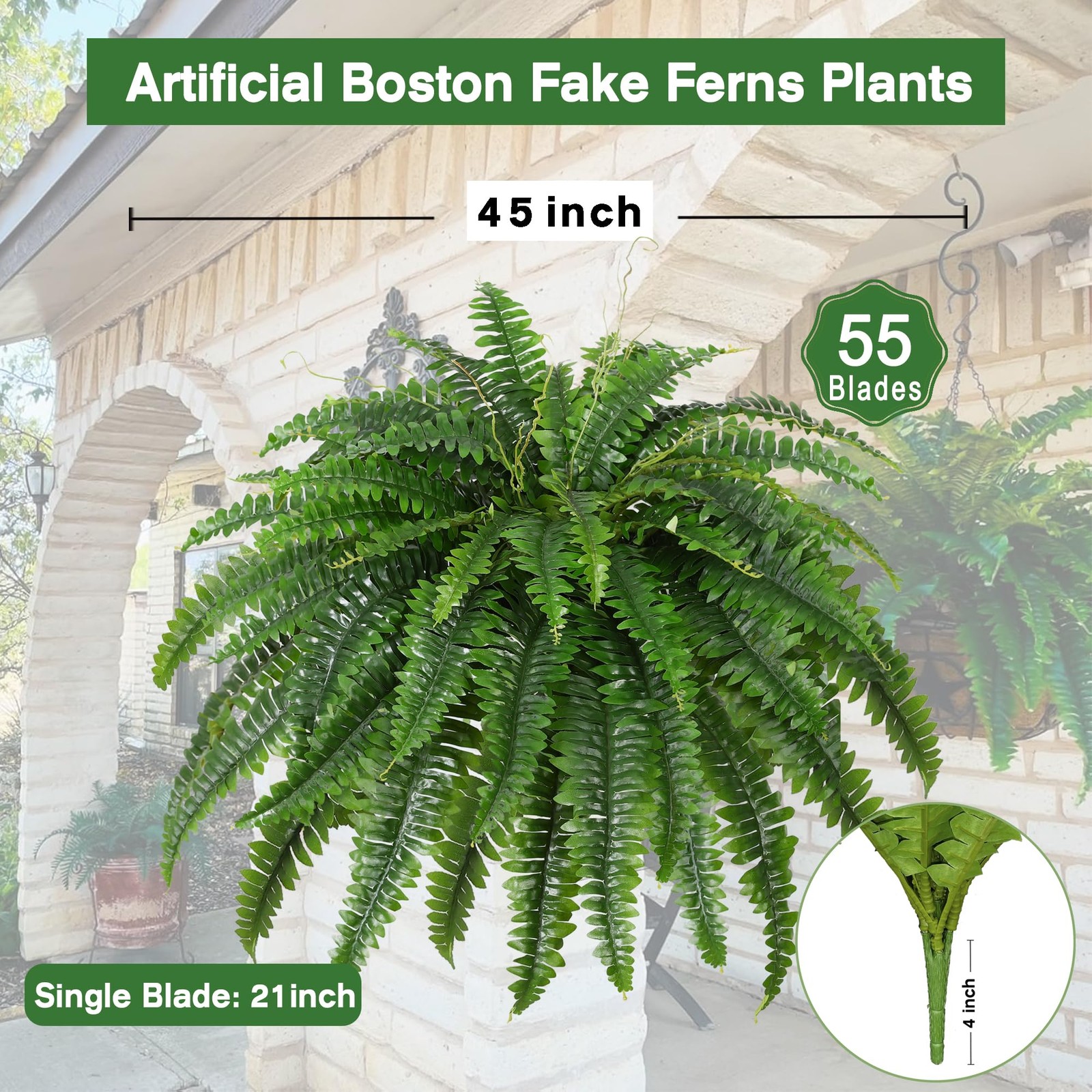 Artificial Fern Bush Set 2 Large 45Inch Faux Silk Outdoor Indoor Decor 55 Branch