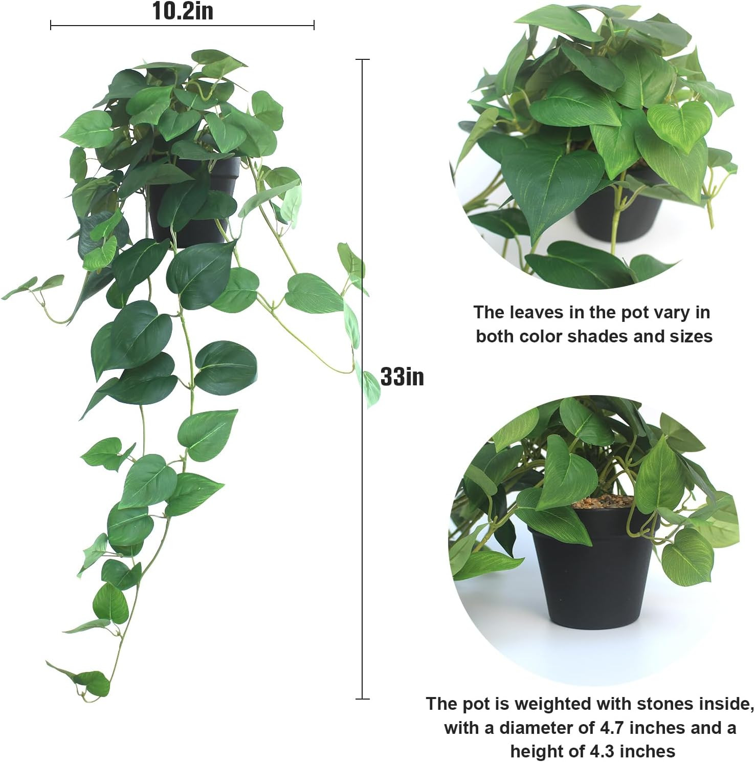 Alyptus Fake Pothos Hanging Plants – 33″ Set of 2 Faux Ivy Vines with Pots Reali