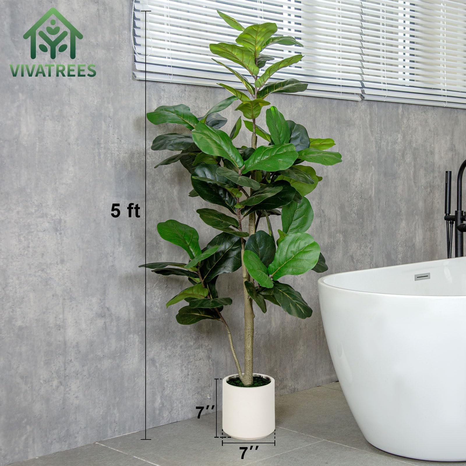5FT Fiddle Leaf Fig Artificial Tree with White Planter Pot – Faux Floor Plant fo