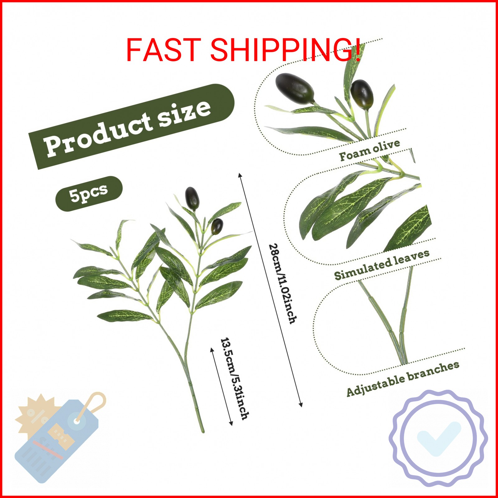 JJUNW 5 Pcs Artificial Plants Olive Tree Branches, 11 Inch Faux Olive Tree 2 For