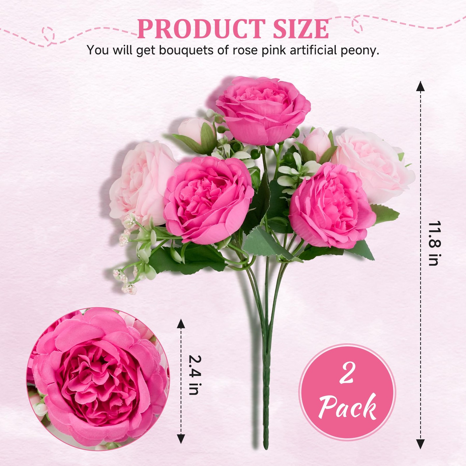 2 PCS Large Rose Pink Silk Fake Peonies Artificial Flowers Wedding Bouquet
