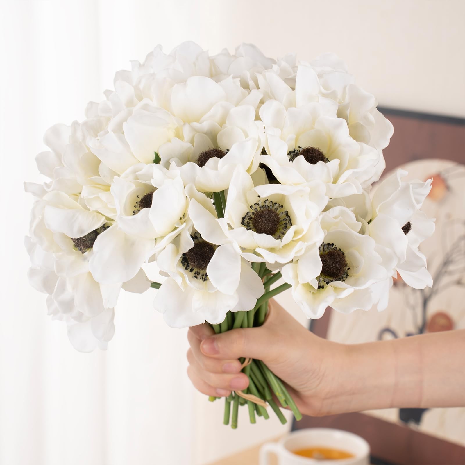White Anemone Artificial Bouquet, 9 Stems Real Touch Silk Poppy Flowers for D…
