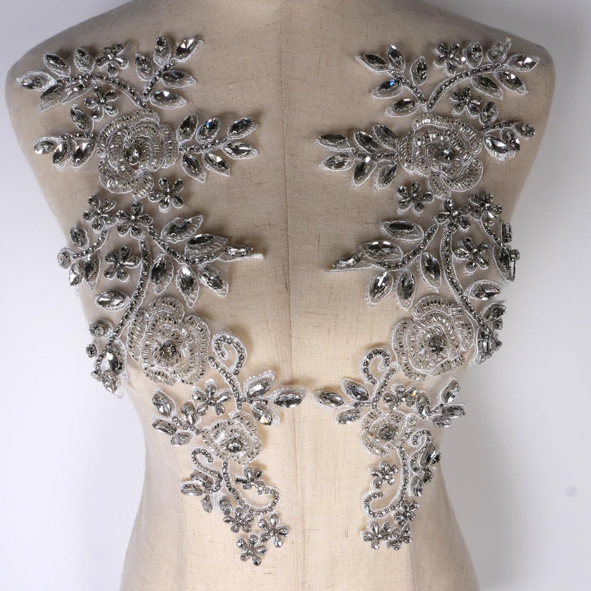 Beaded Rose Flowers &Leaves Rhinestone Pair Applique in Silver for Prom Dress Be