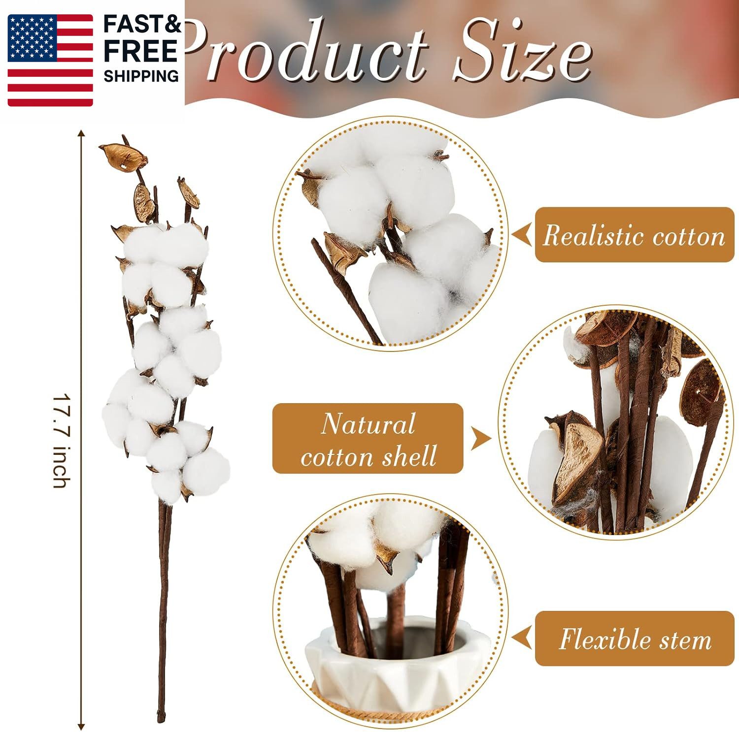 24 Pieces Farmhouse Cotton Flowers 17.7 Inch Fake Artificial Cotton Stems wi
