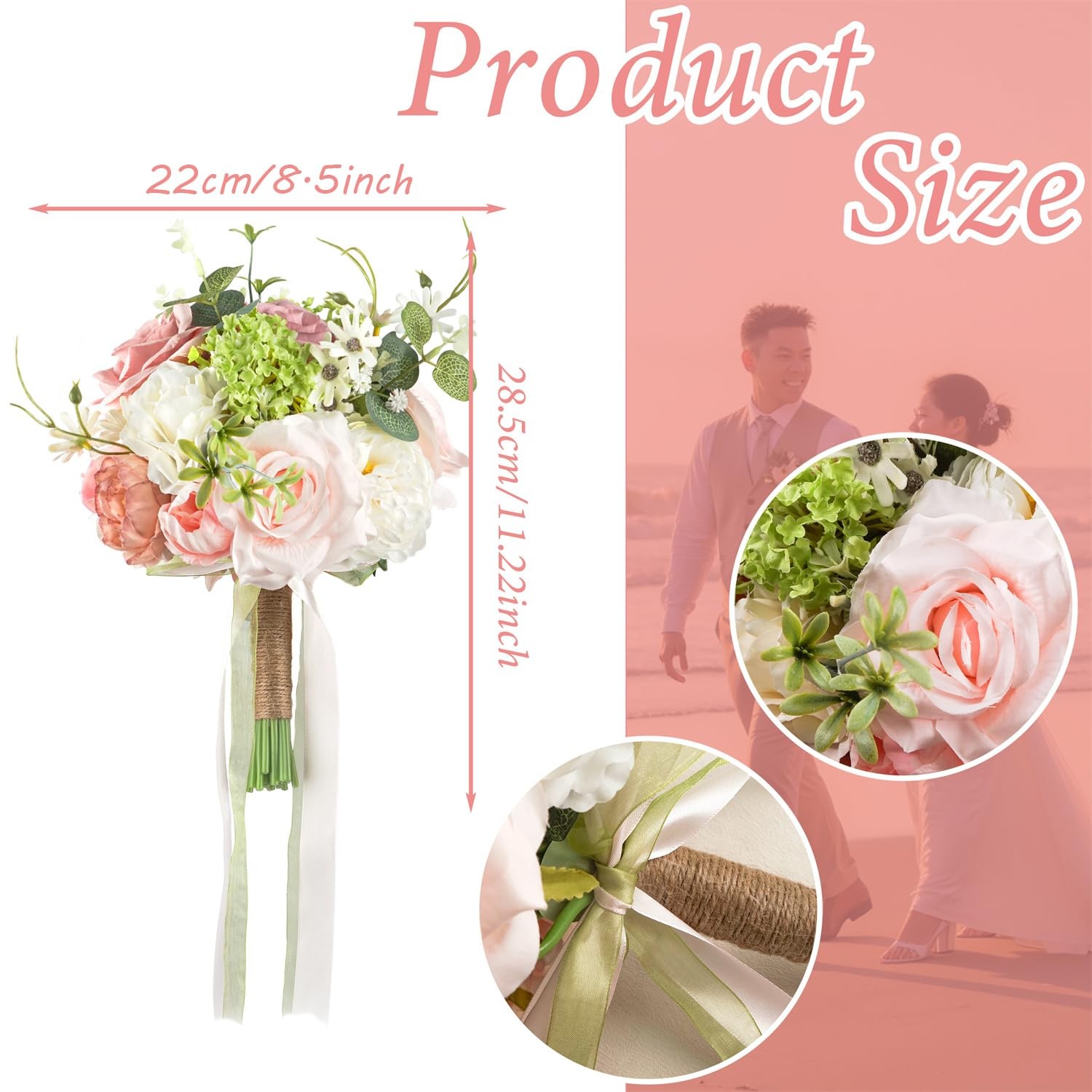 8.6in Blush Wedding Bouquets for Bride Bridesmaid, Pastel Pink White Green Bo…