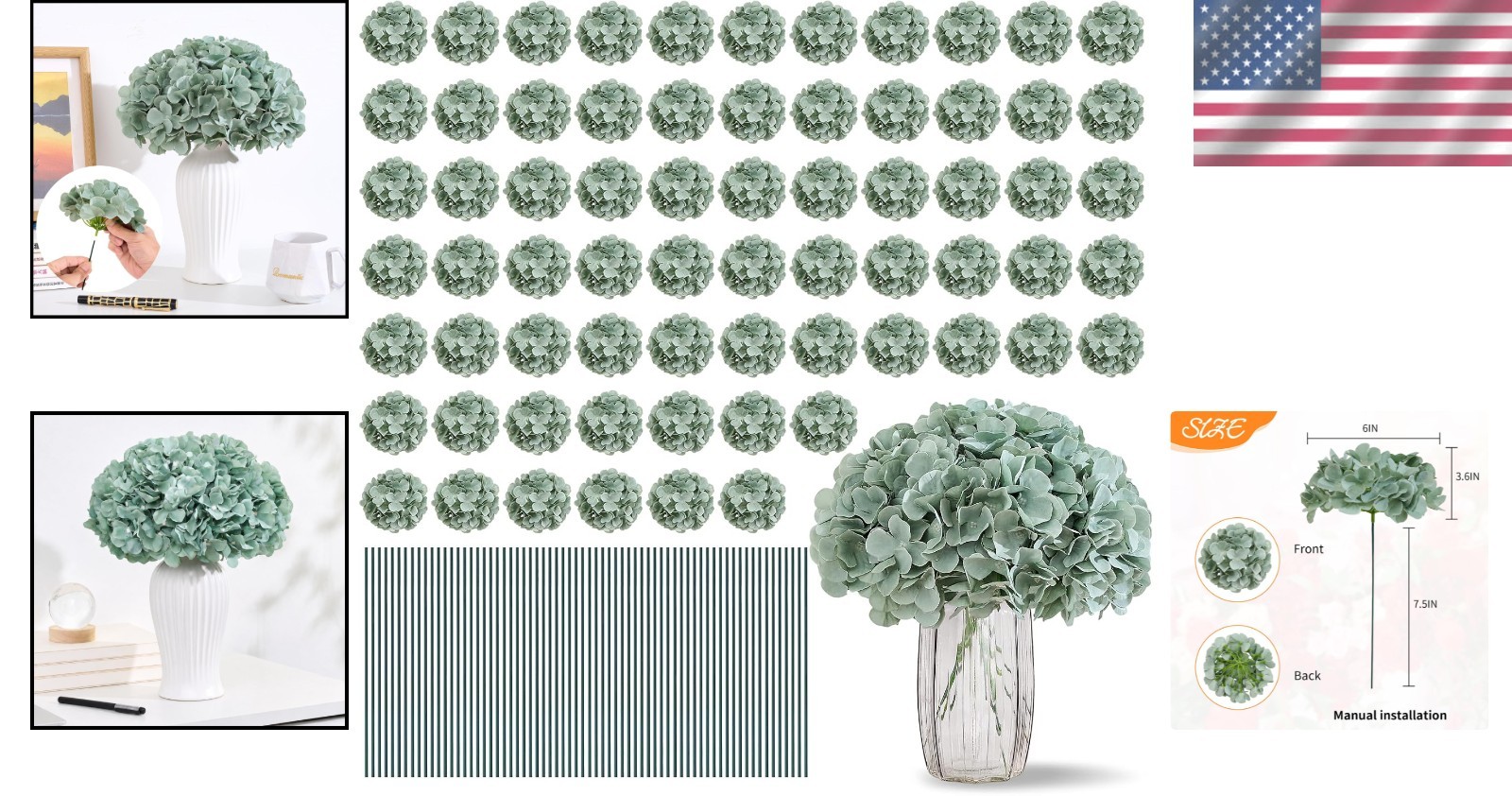 100ct Sage Green Artificial Hydrangea Blooms – Lush Silk Floral Wedding Decor