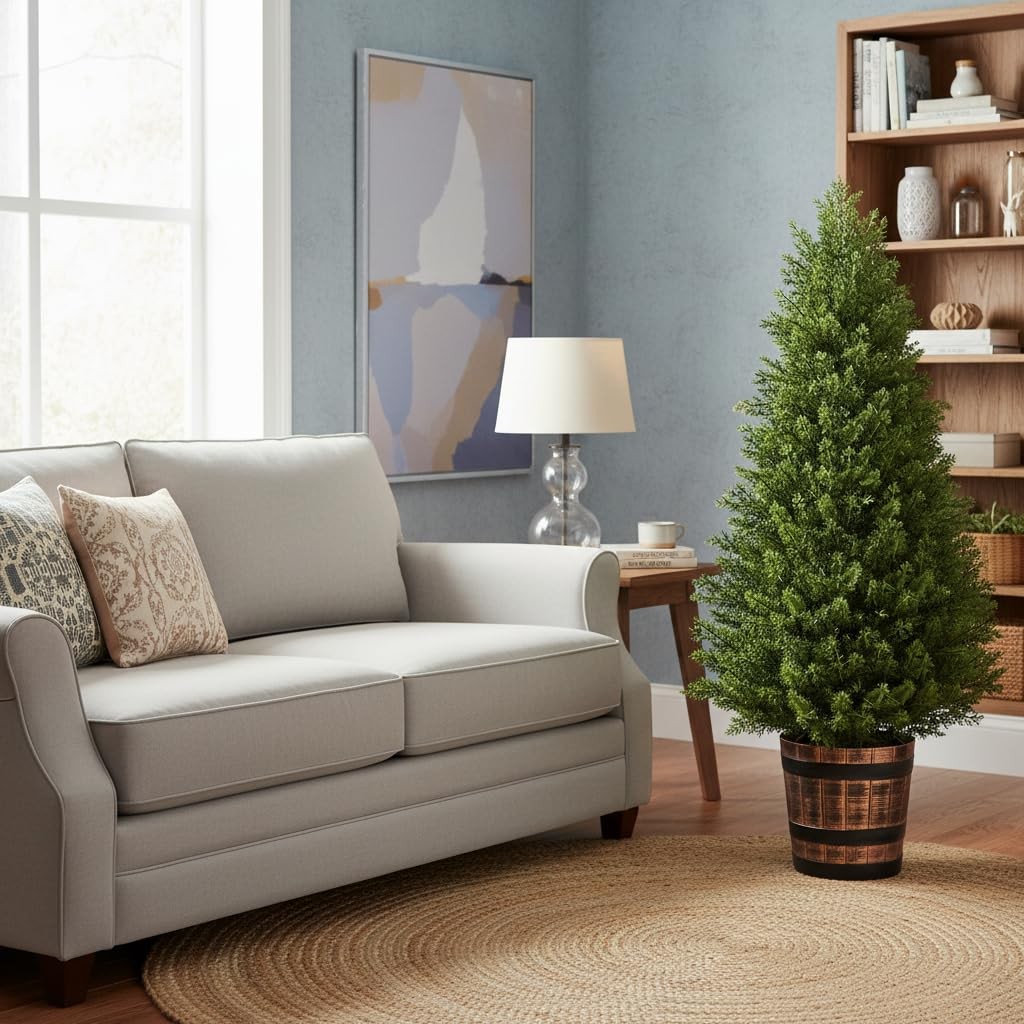 Set of 2 Artificial Cedar Topiary Trees 4FT – Indoor Faux Pine Shrubs with Ba…