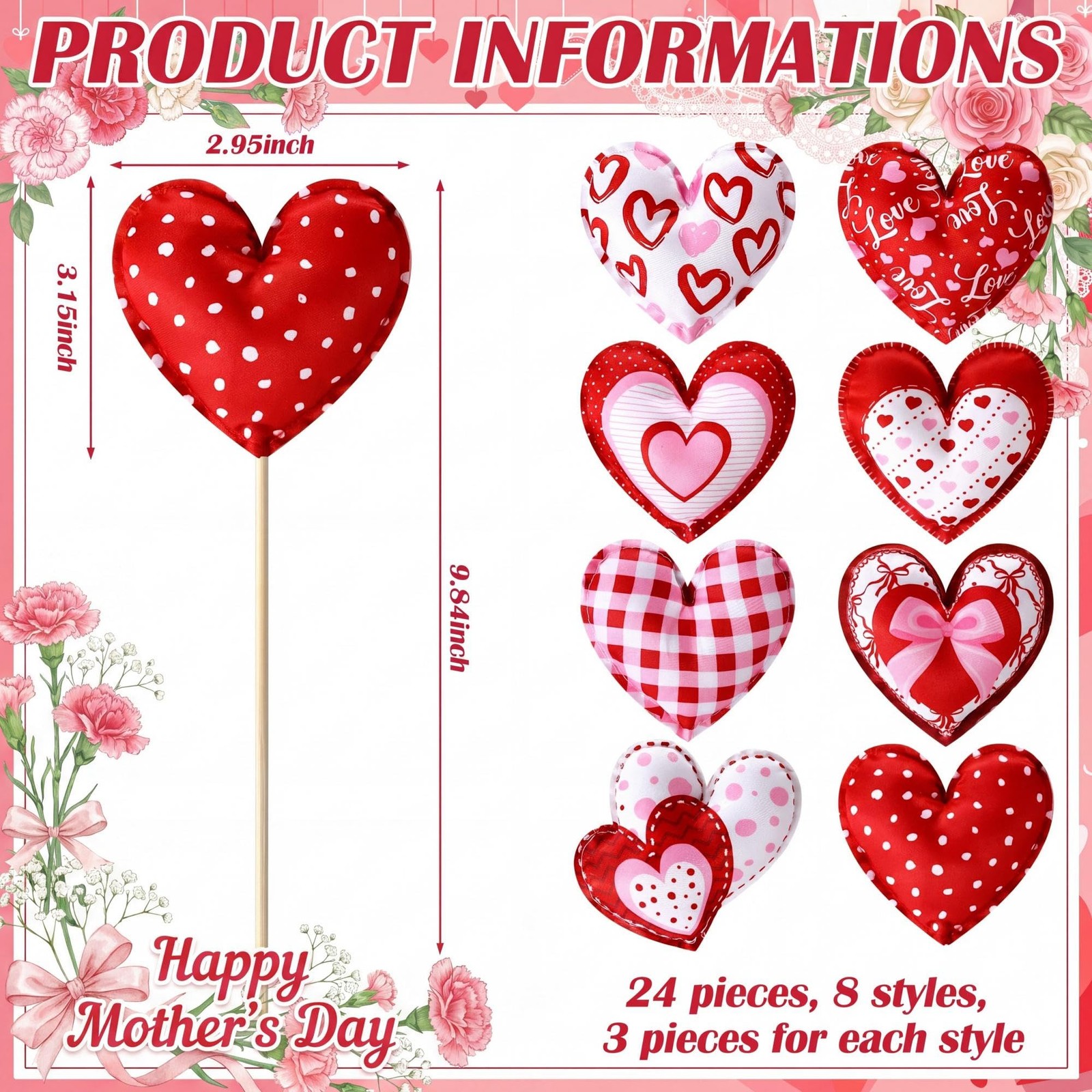 24 Pcs Heart Flower Picks Decoration Love Fabric Felt Heart on Sticks 3D Flor…