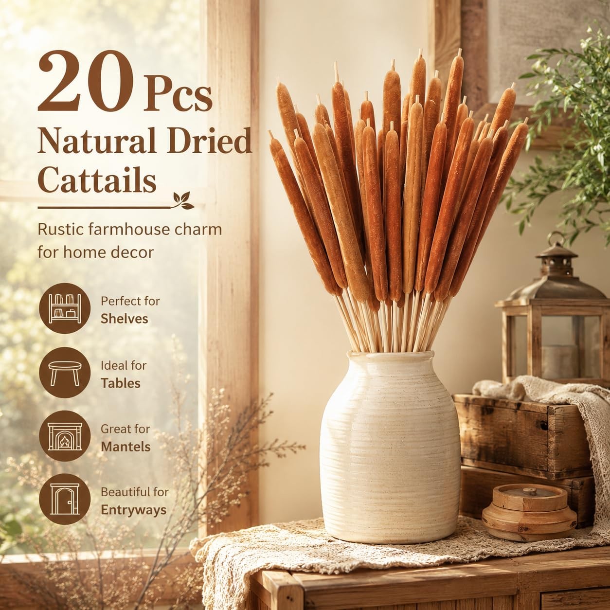 20PCS Dried Natural Cattails Stems 17″ Real Brown Bulrush Reed Grass for Vase…
