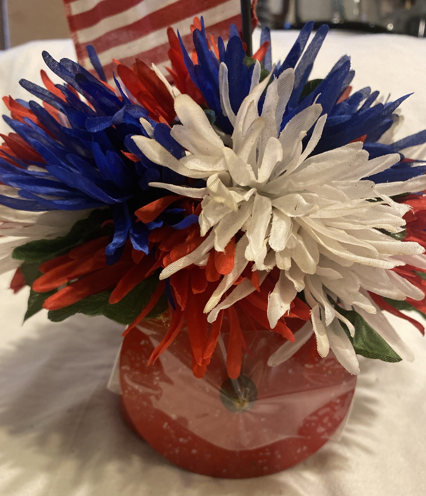 Patriotic Flowers Bouquet -America Red White & Blue & Flag In Enamel Pot