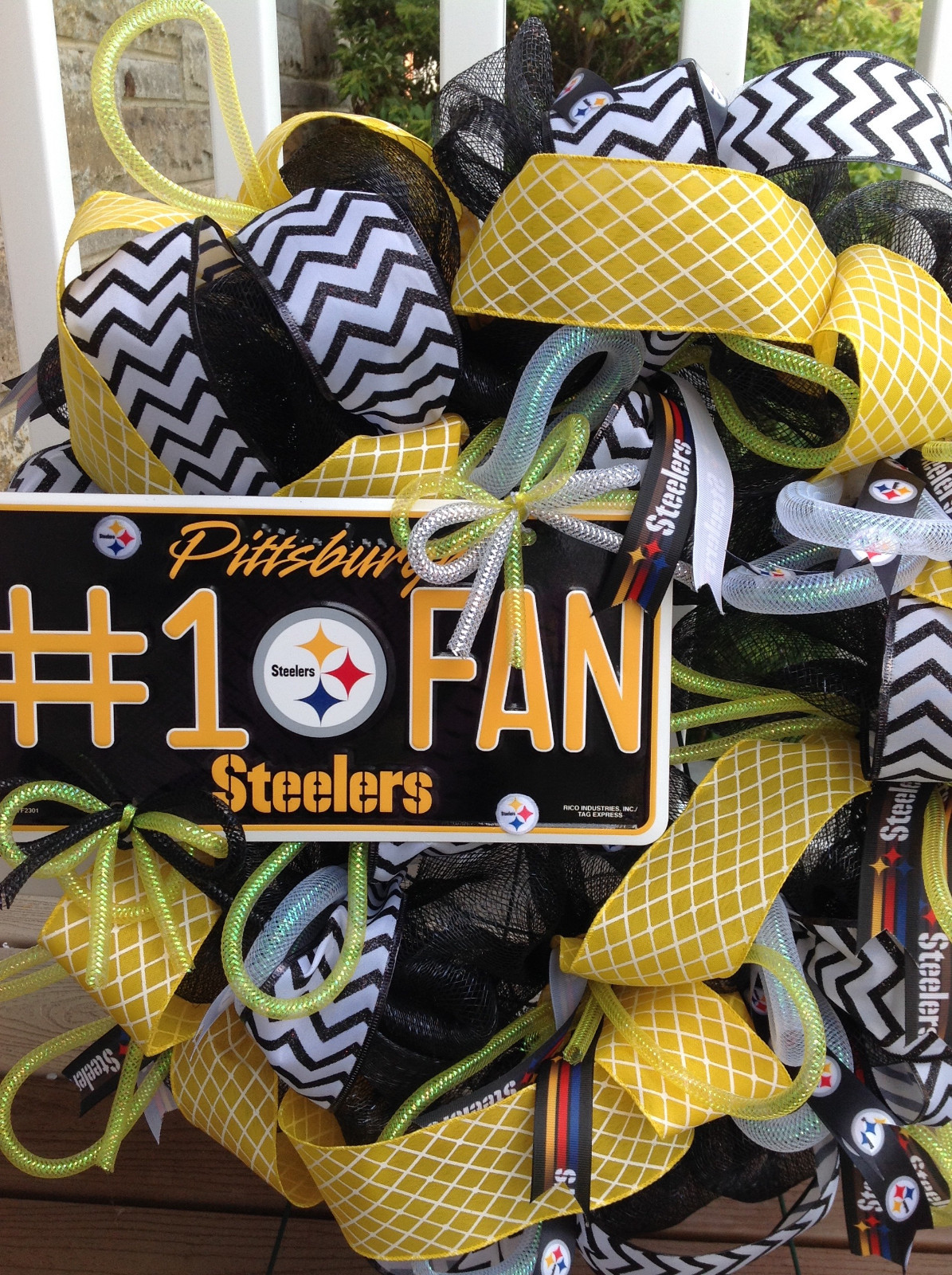 Handmade Pittsburgh Steeler black and yellow/gold football deco mesh wreath