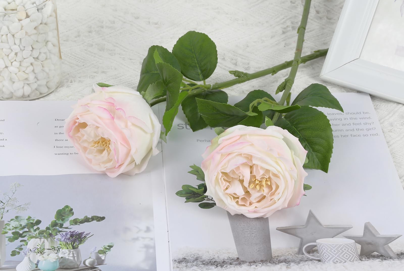 Real Touch Light Pink Rose Artificial Flowers 5PCS Faux Peony Flowers Stems f…