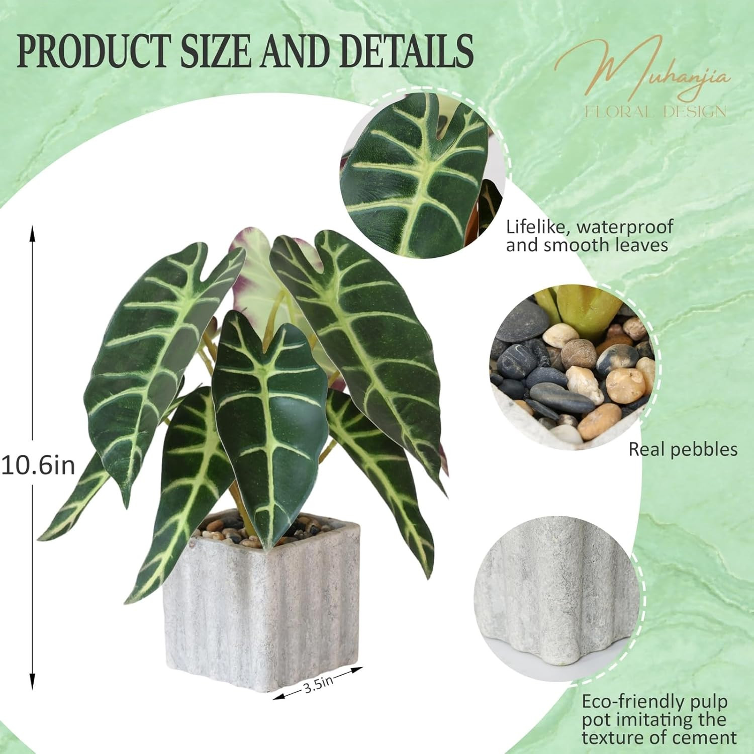 Artificial Potted Plant, Lifelike Faux Greenery in Decorative Cement-Look Square
