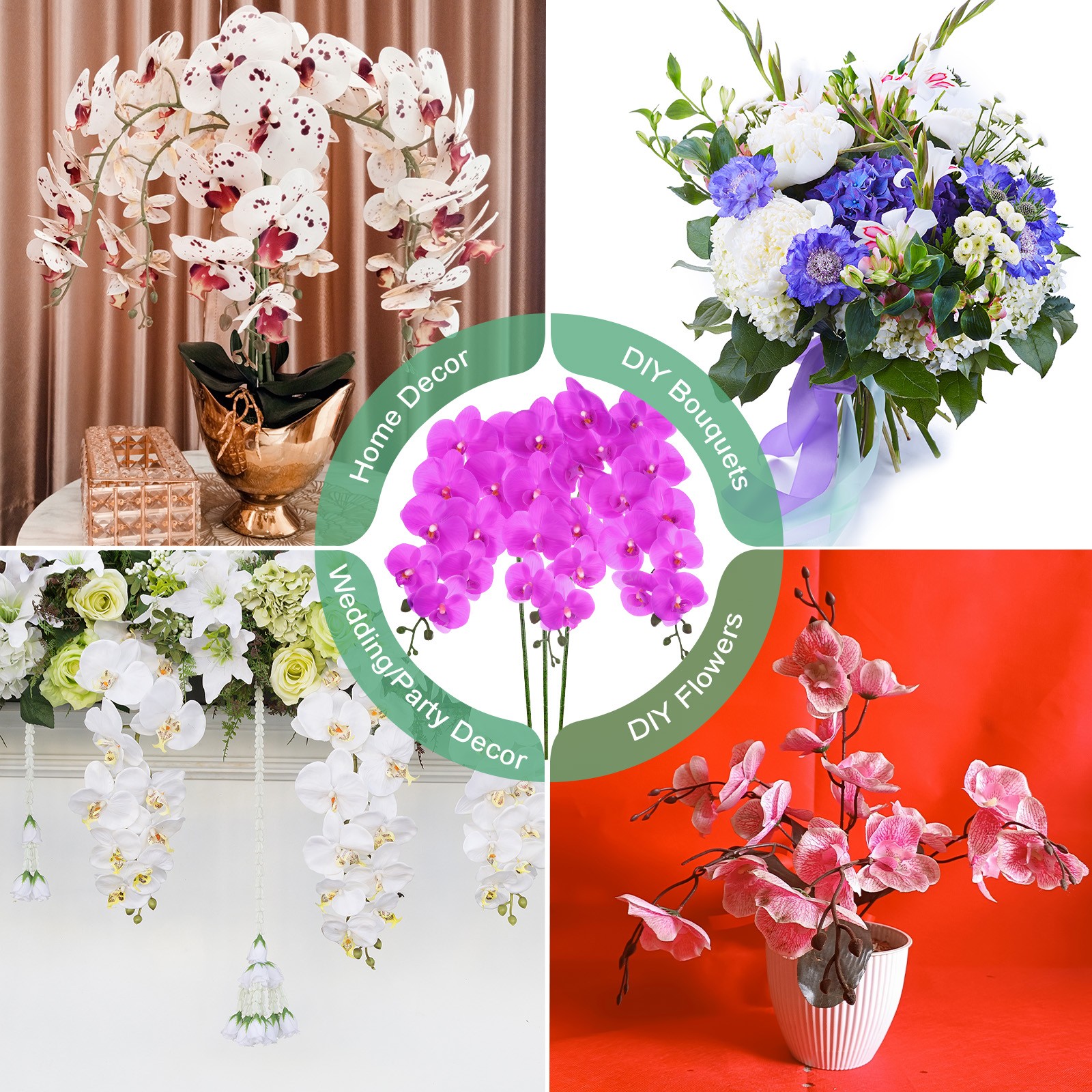 3-Pack Artificial Orchid Flowers 9 Large Petals for Home[Dark Purple]