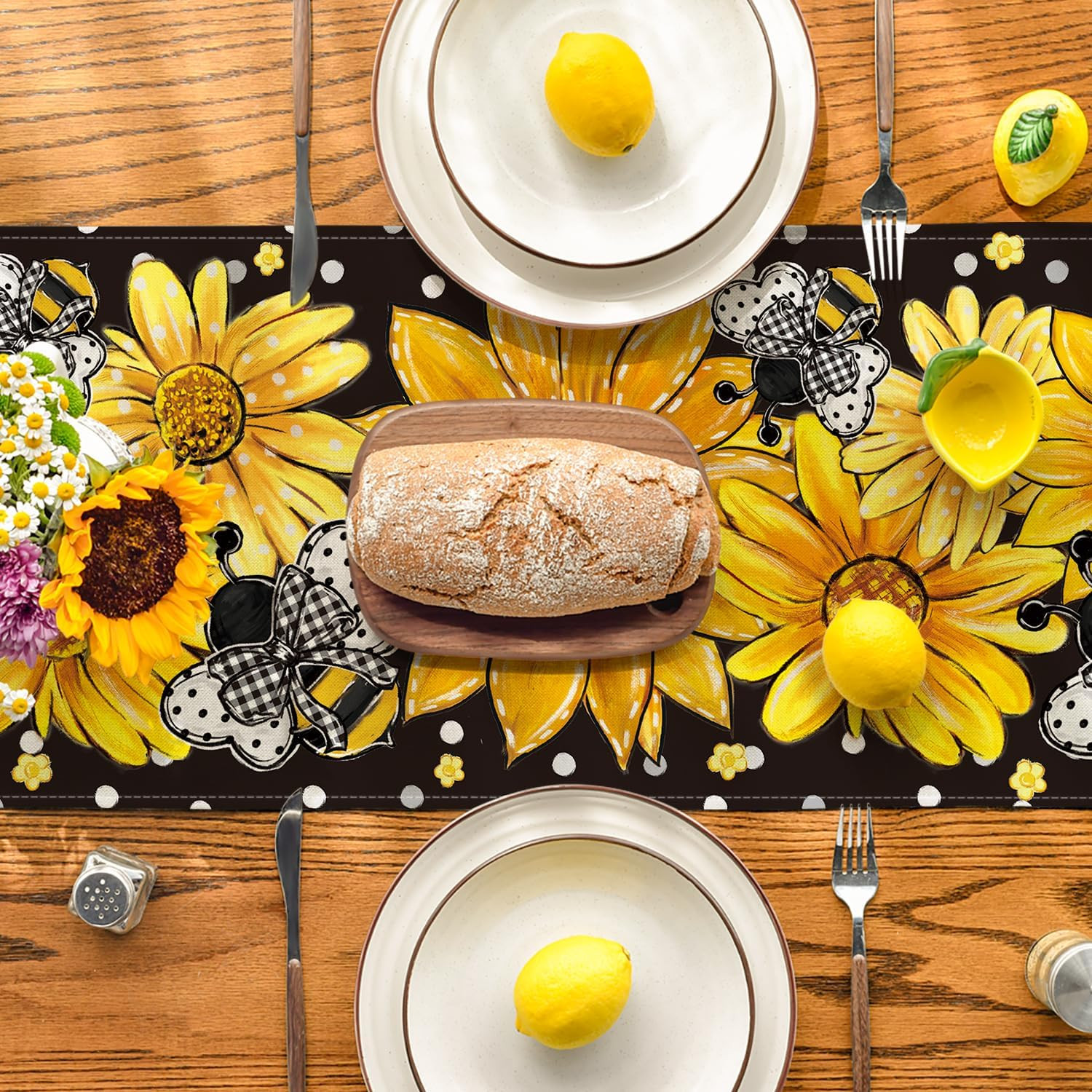 Black Sunflower Bee Flower Polka Dot Summer Table Runner, Seasonal Kitchen Dinin