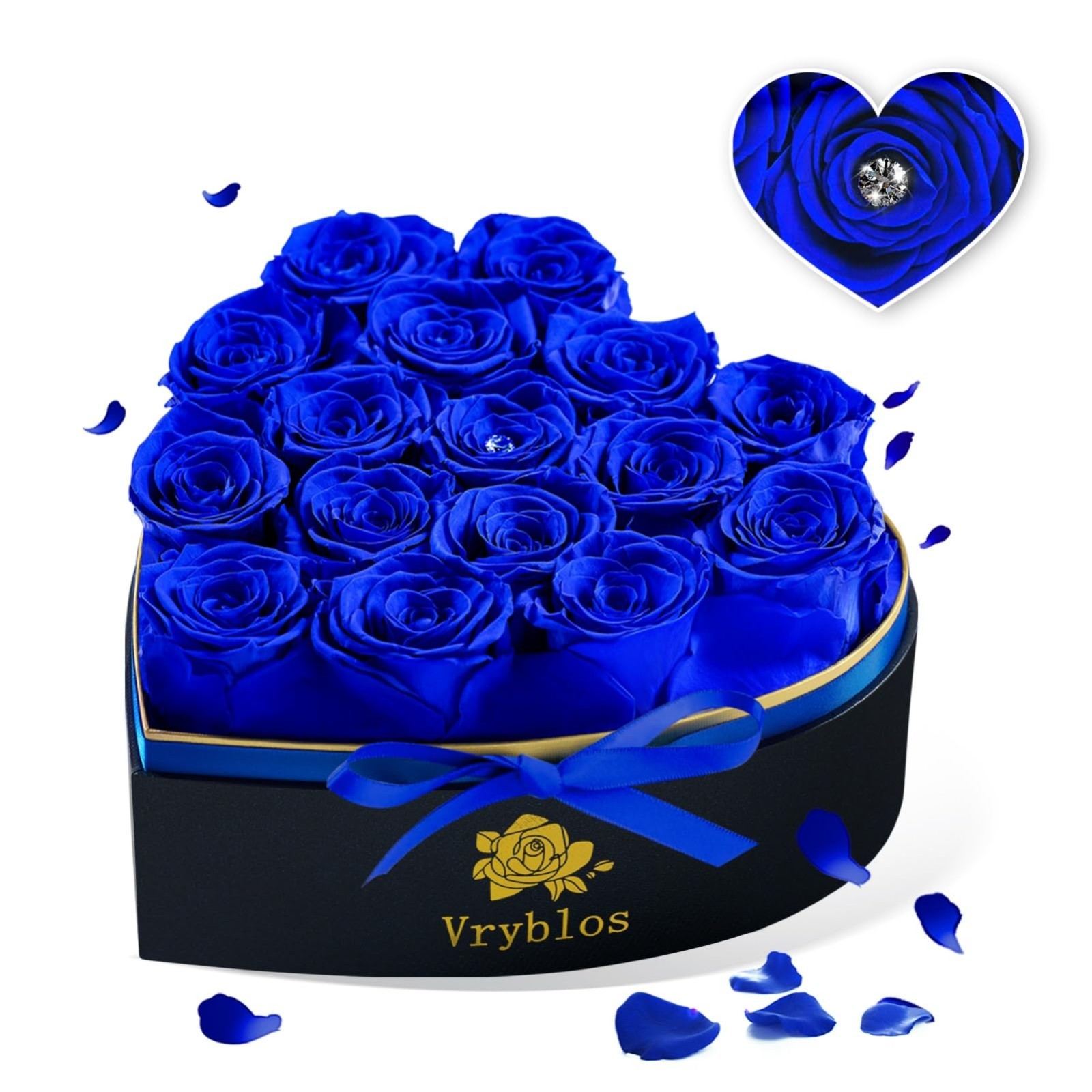 Heart-Shaped Blue Roses in Box – 16 Preserved Real Flowers for Eternal Gifts
