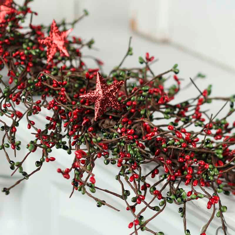 Hand Wrapped Decorative Glittered Star and Pip Berry 48″ Long Garland