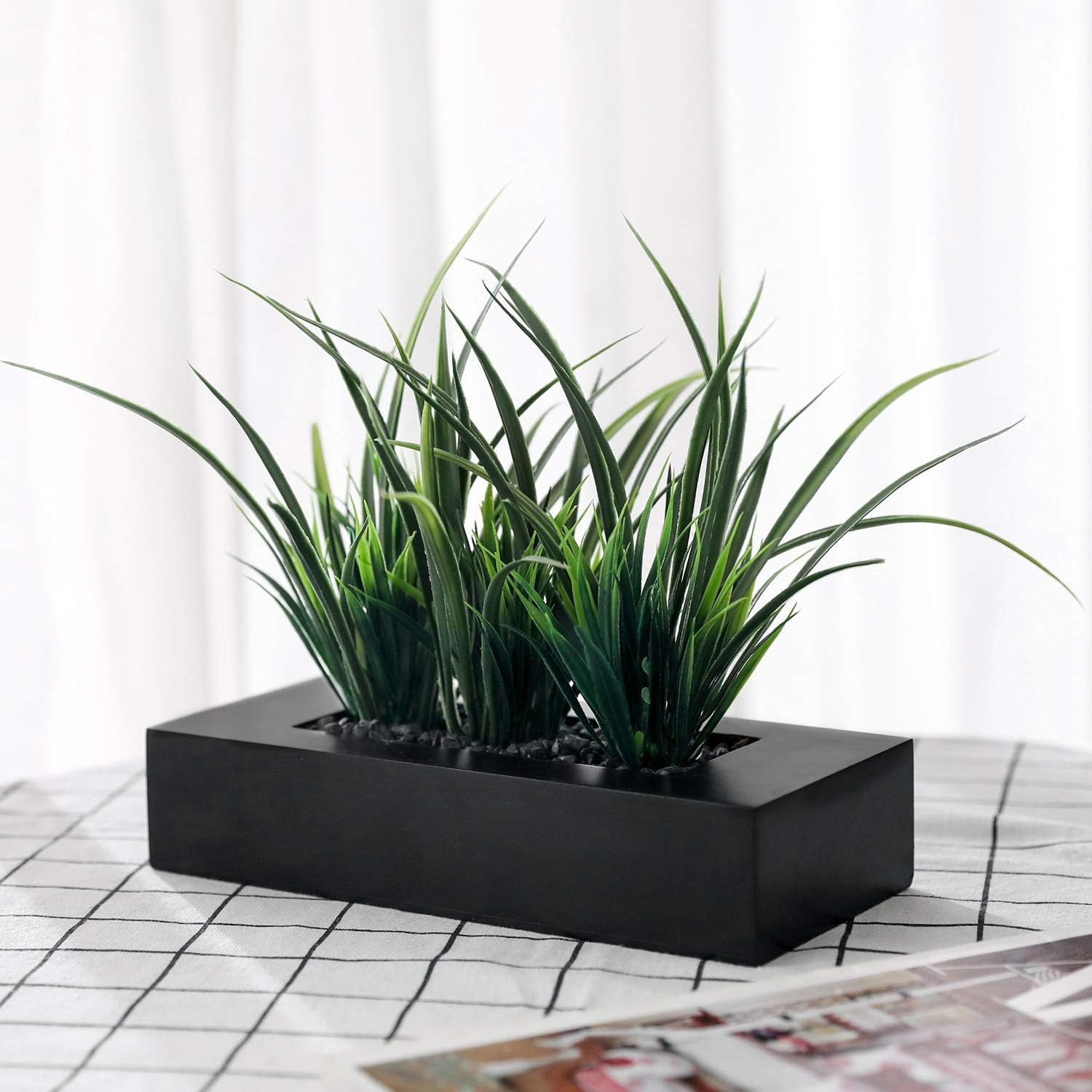 Artificial Green Grass Plants Potted in 9-Inch Matte Black Wood Decorative Plant