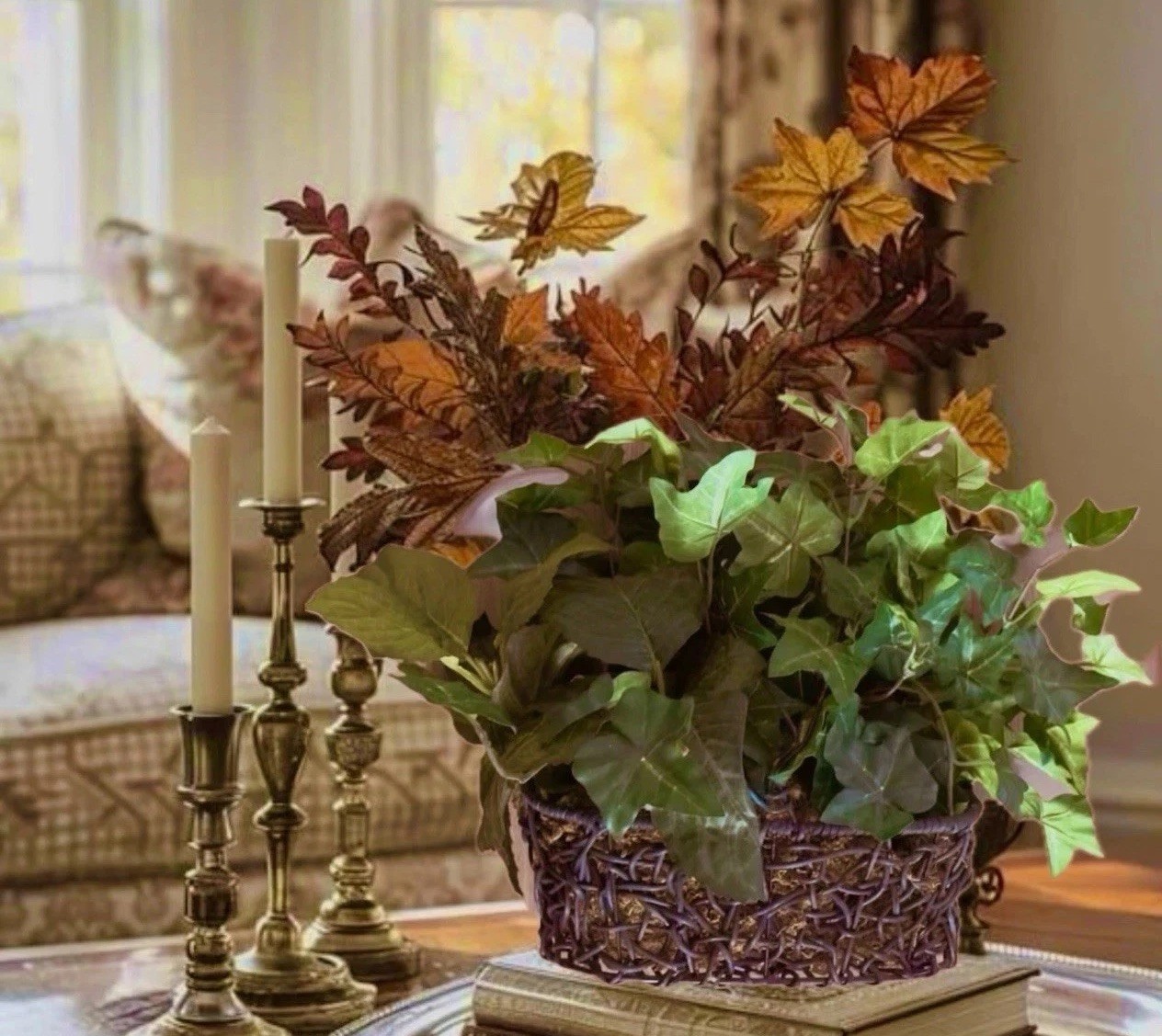 Artificial English Ivy Plant in Dark Woven Basket Faux Silk Green Home Decor 17”