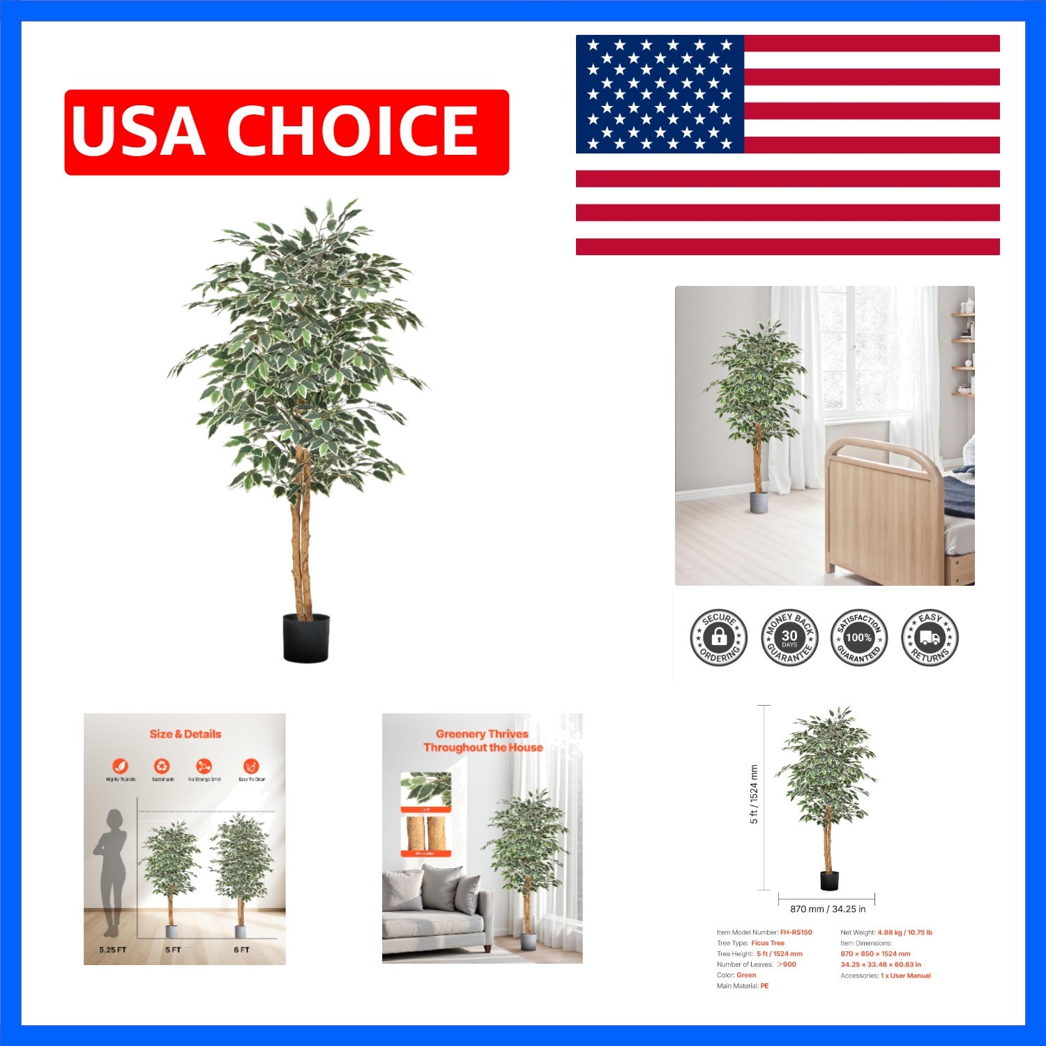 5FT Artificial Ficus Tree with Black Pot, Tall Faux Ficus Plant with Natural …