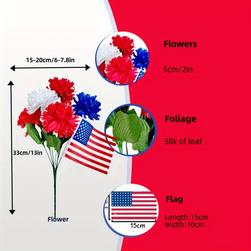4Pcs Patriotic Artificial Flowers w/American Flag 4th of July Veterans Day Decor
