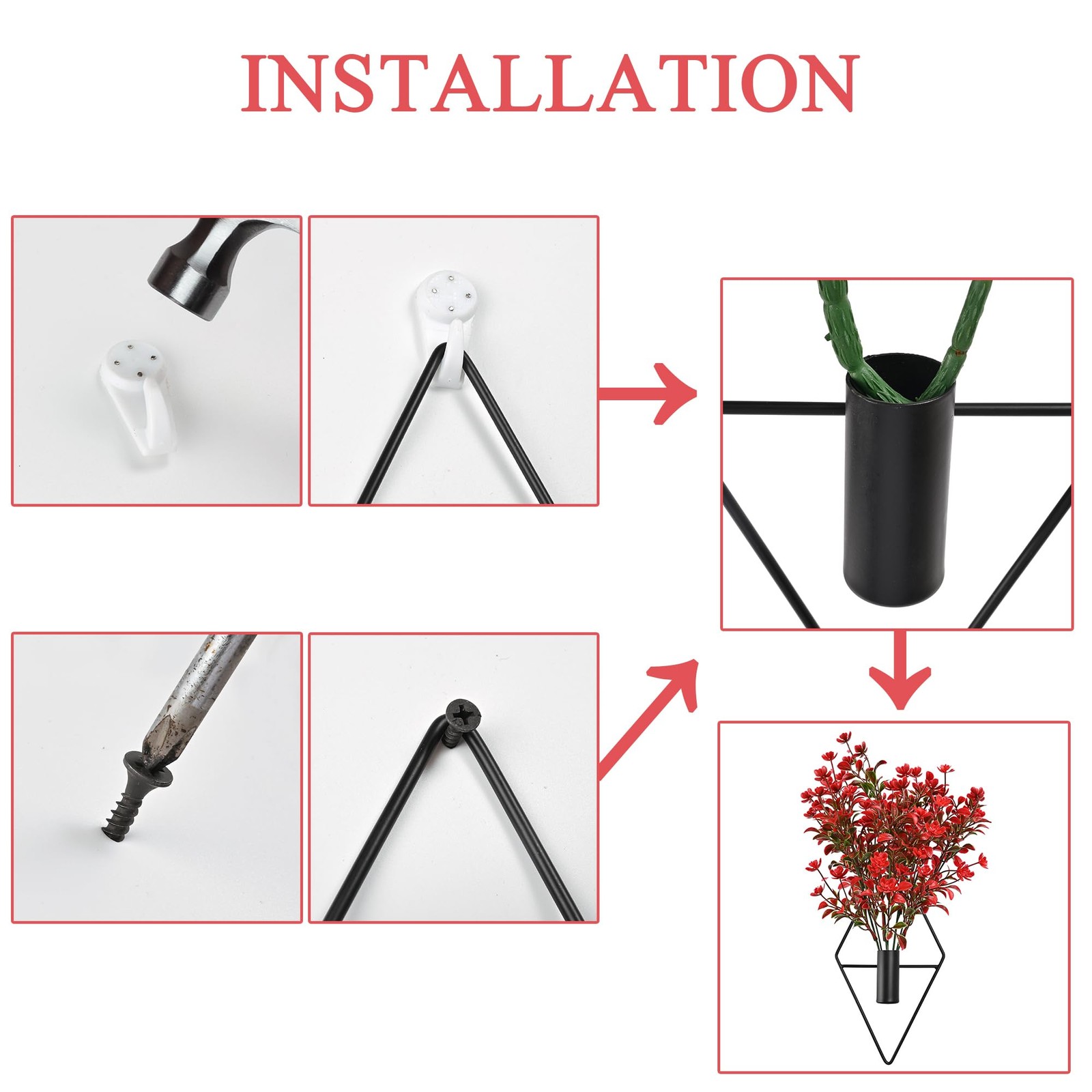 Plant Wall Decor with Red Artificial Flowers in Diamond Hanging Vase Set of 2…