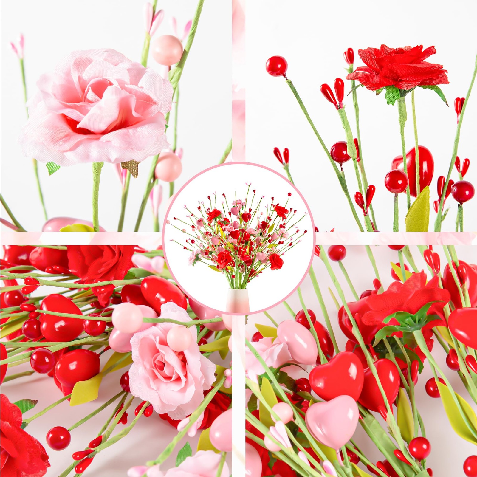 5 PCS Artificial Rose Bouquet Pink Red Fake Roses Hearts Berries Centerpieces