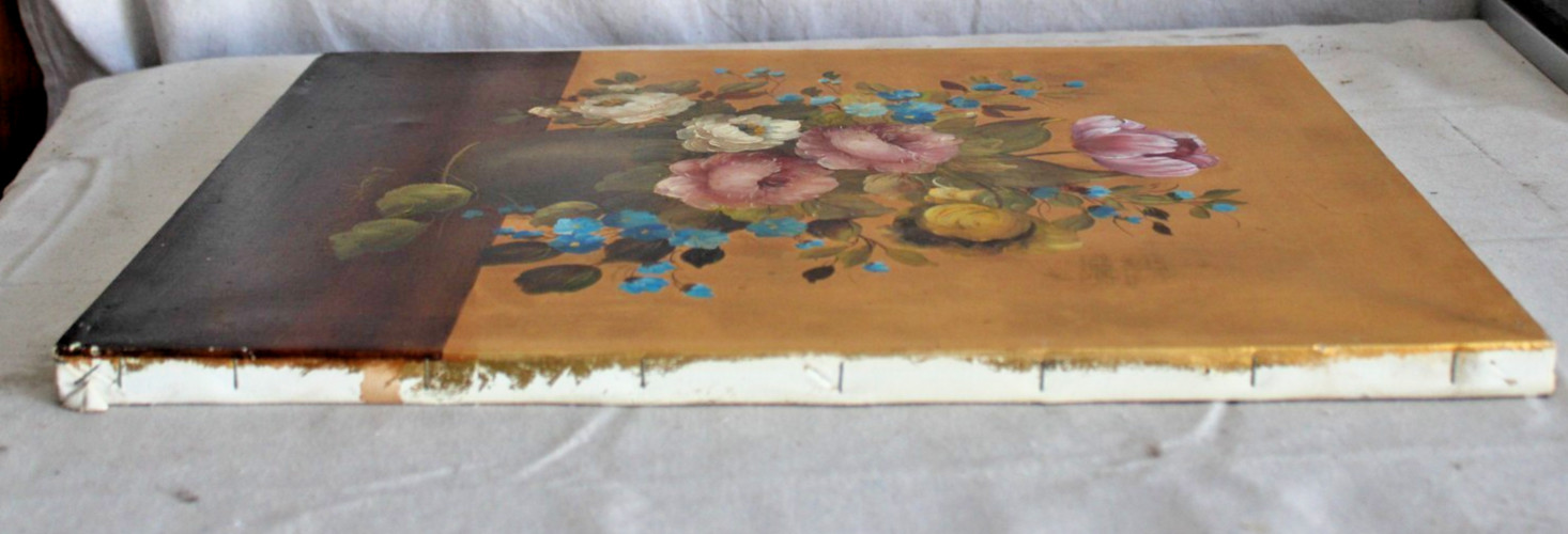 BIG GOLD GILT ORIGINAL OIL PAINTING STILL LIFE FLORAL MID CENTURY SIGNED CANVAS