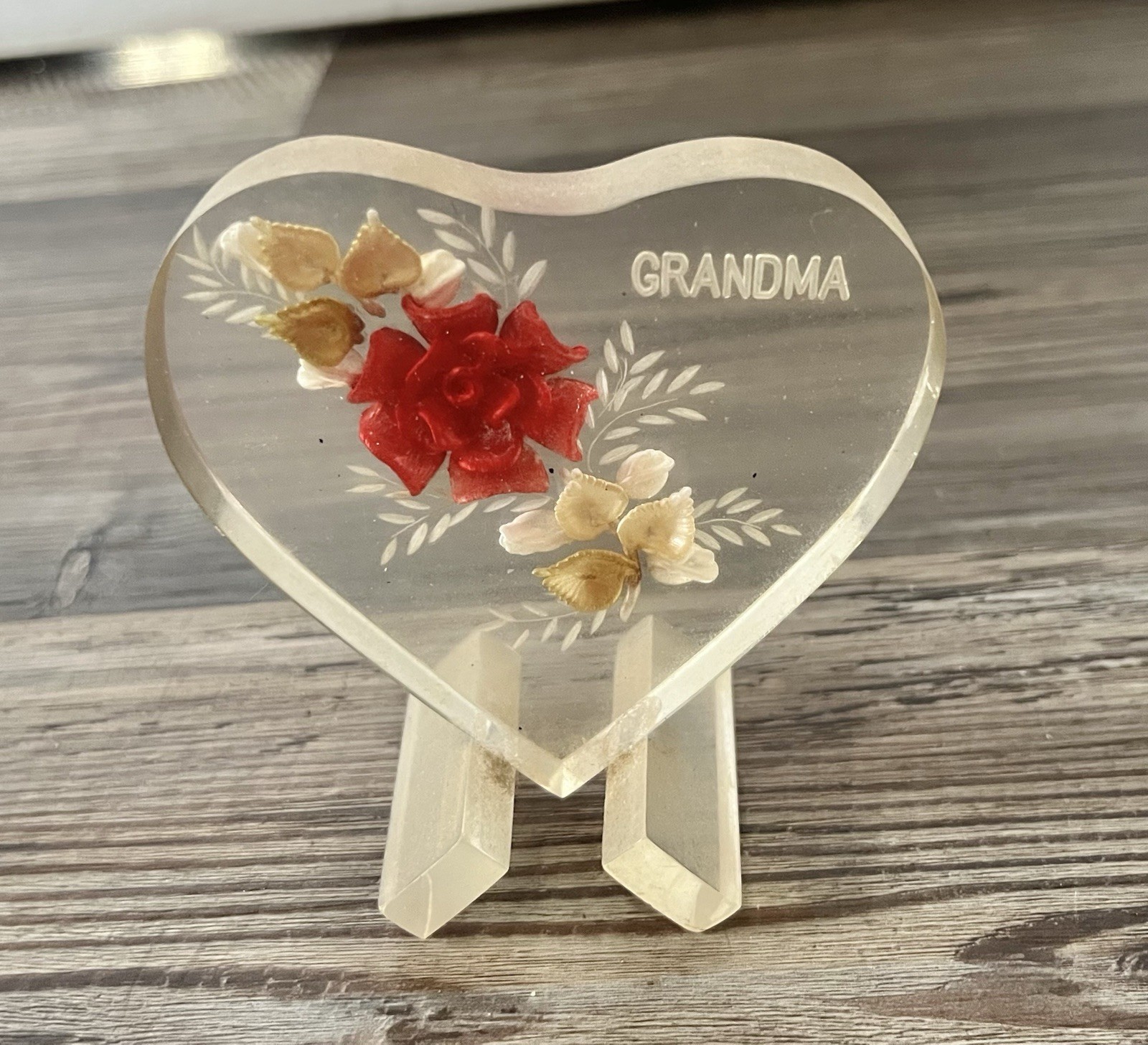 Vntg Grandma Rose Flower Floral Acrylic Heart Decor Trinket Mothers Day Birthday