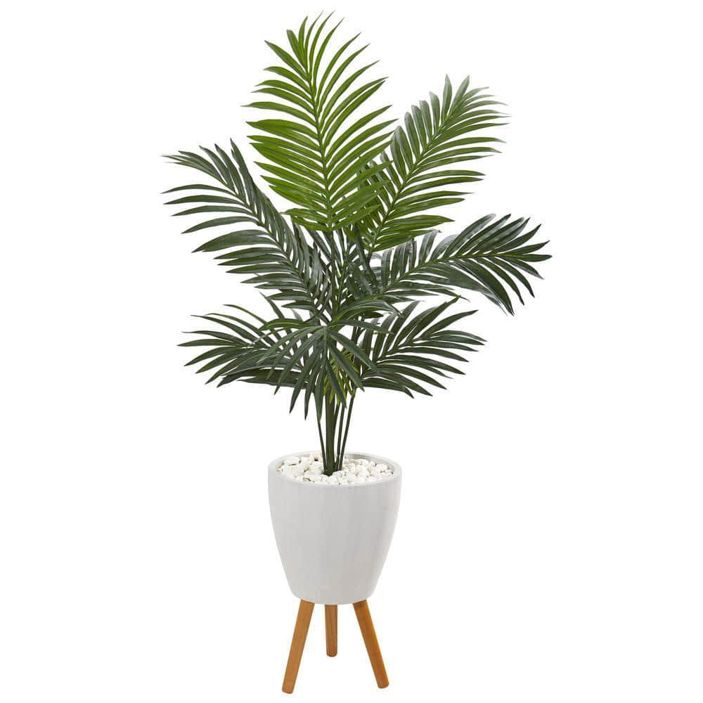 Nearly Natural Artificial Palm Tree 4.5 ft Kentia White Planter with Legs Indoor
