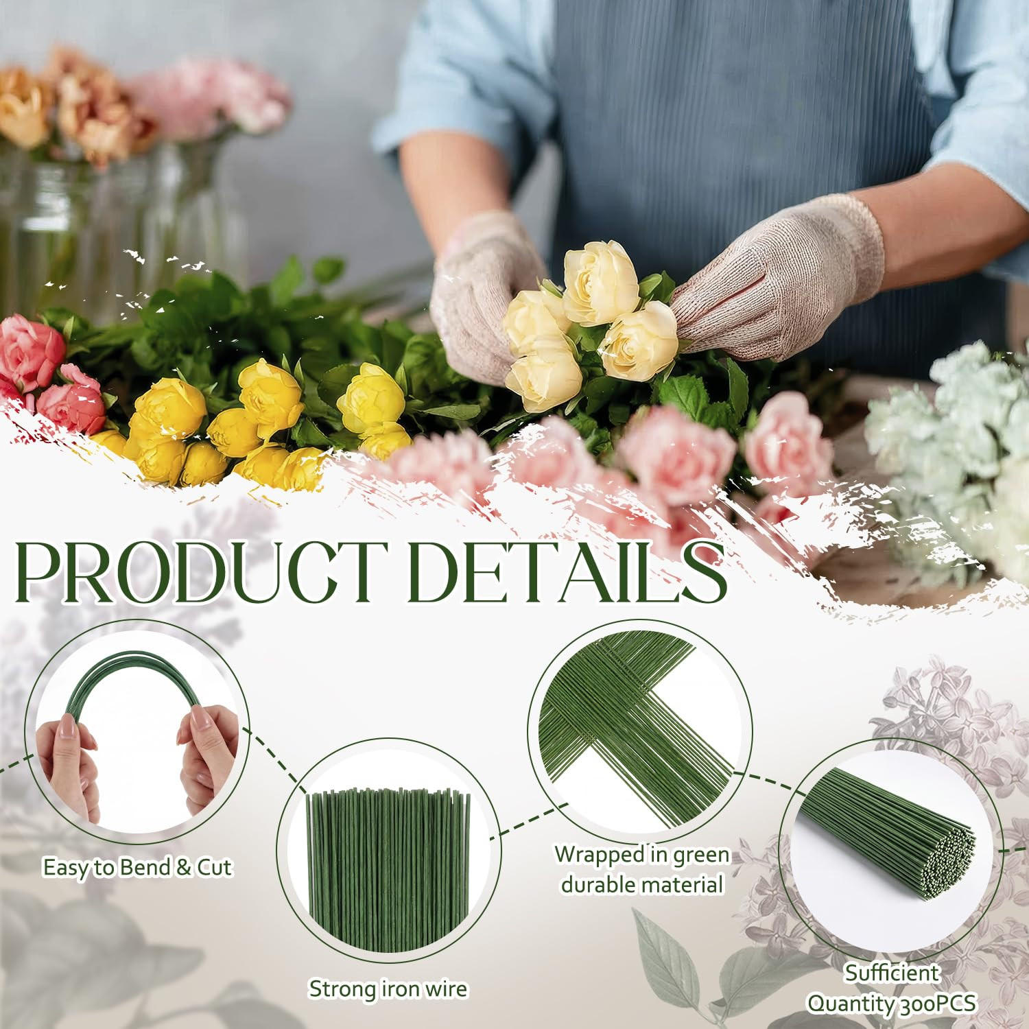 300 Pcs Dark Green Floral Wire Stems 14 Inch Flexible Flower Stem for Artificial