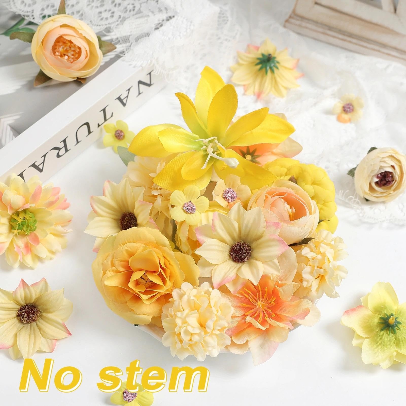 48 PCS Artificial Flower Heads Combo Yellow Silk Bulk Faux Rose Wedding Decor