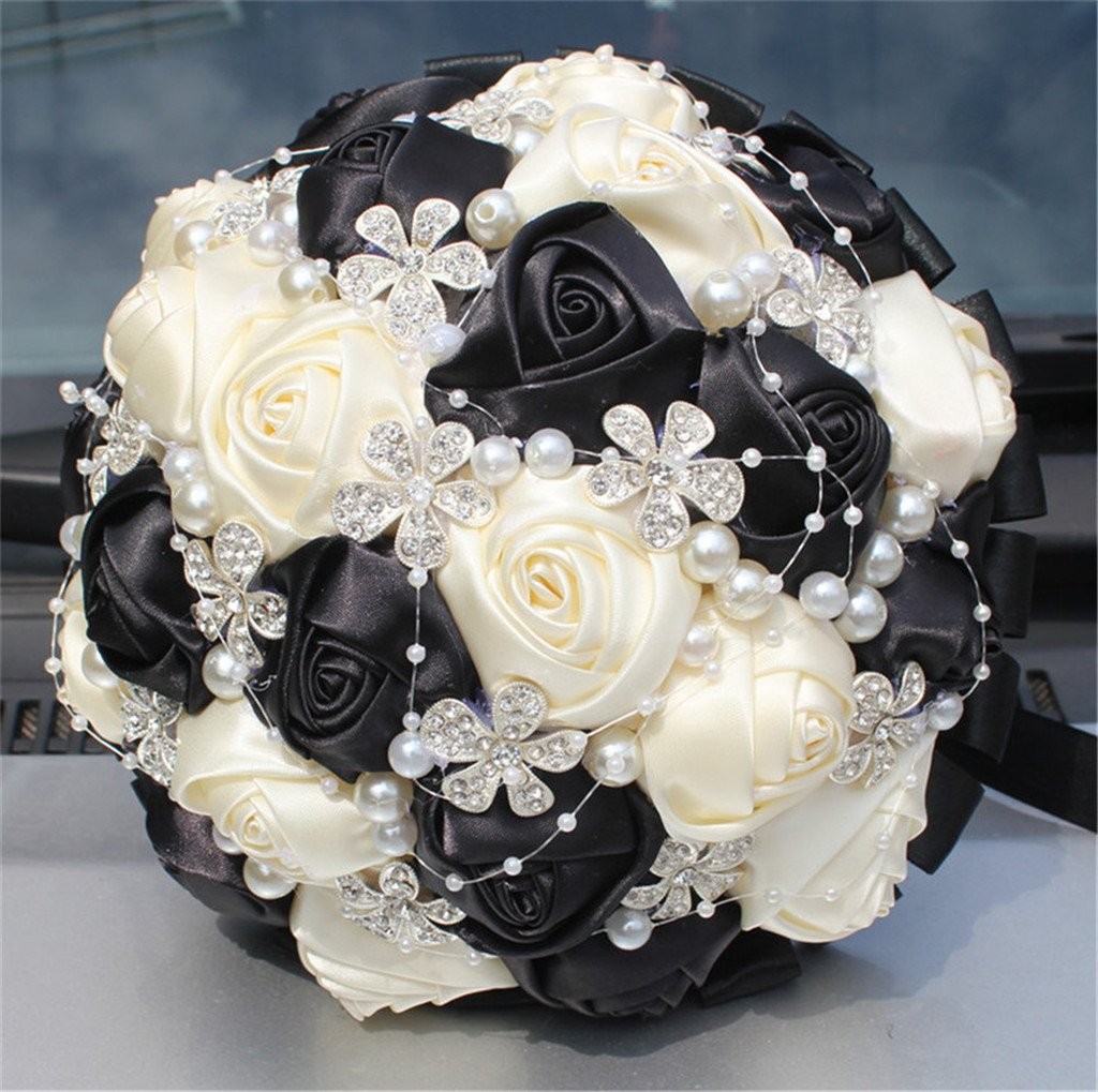 Hand Made Shining Crystal Rhinestone Pearl Silk Rose Bouquet A-018 Black Cream