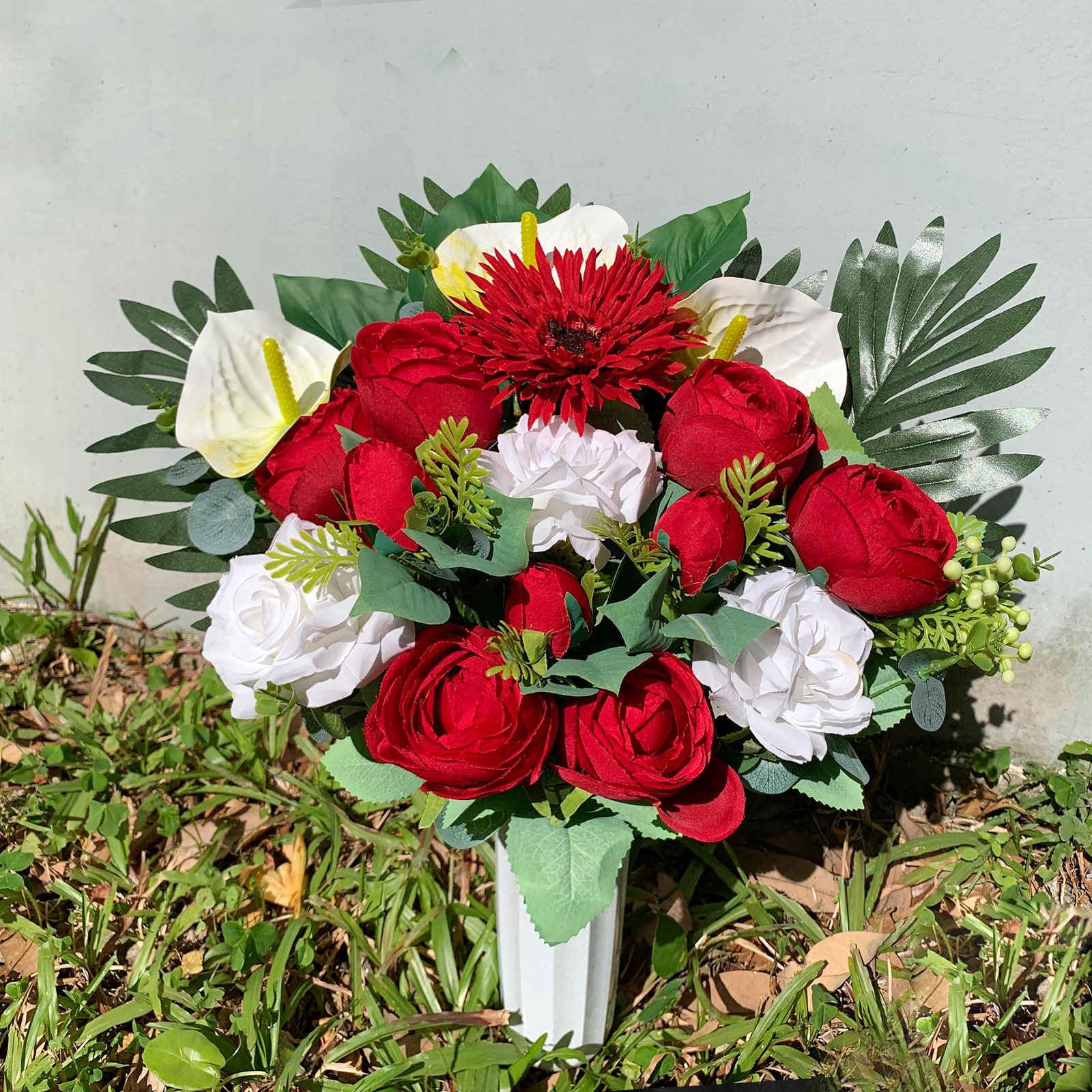 Artificial Cemetery Flowers Grave Memorial Bouquet Red Camellia White Rose Vase