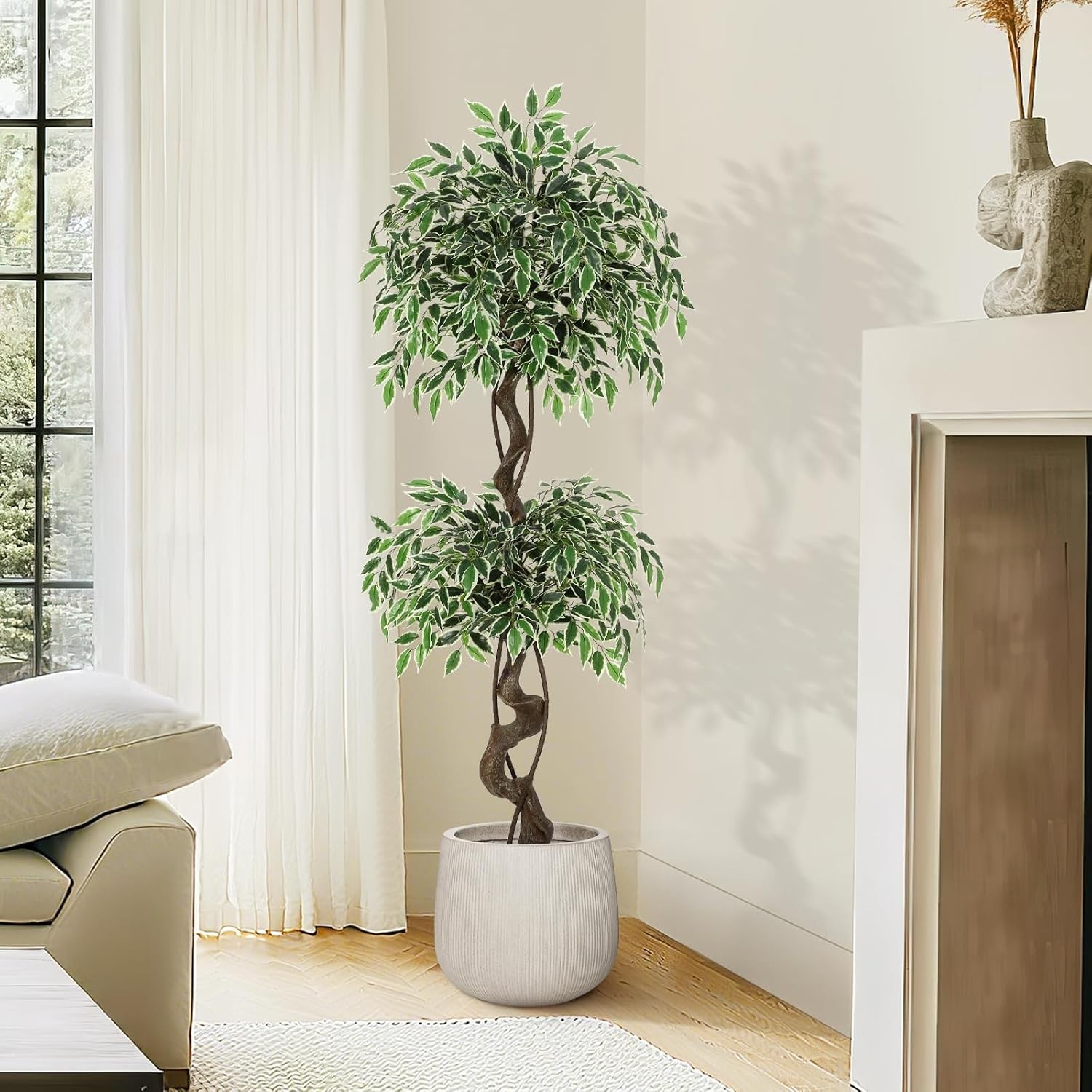 GRAVEE 5ft Artificial Ficus Tree Tall Fake Indoor Plant White Planter Pebbles