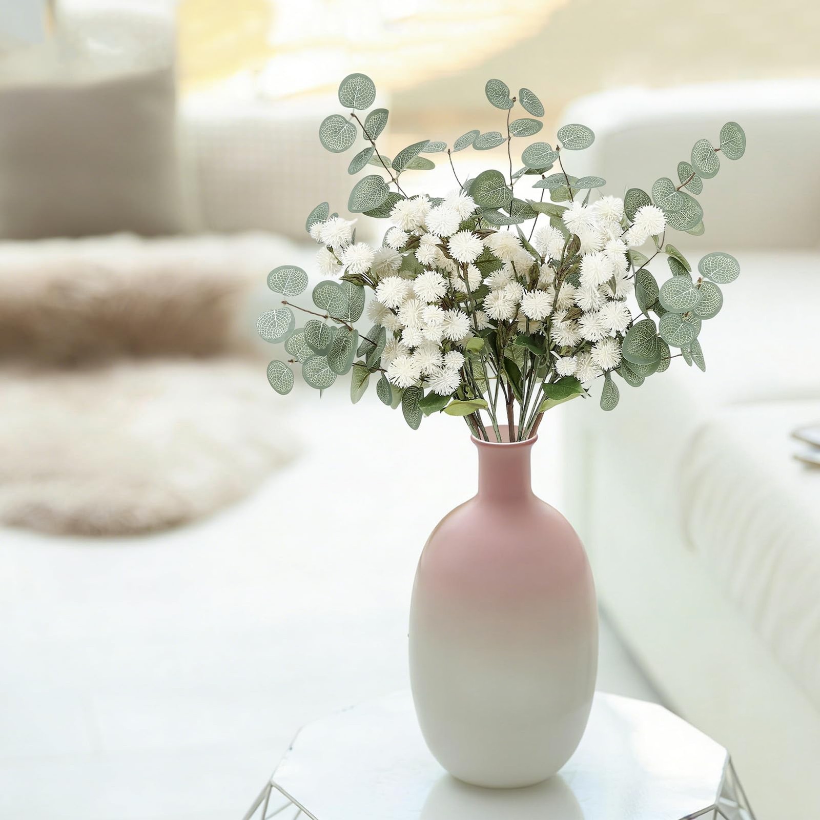 Artificial White Flower Chrysanthemum and Eucalyptus Stems Set,Faux Pom Pom F…