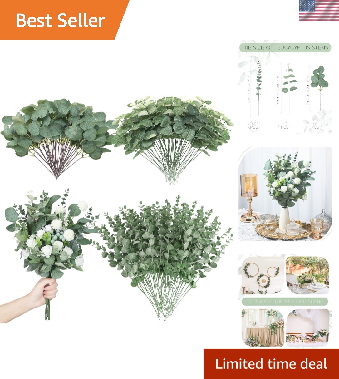 180 Pcs 3 Kinds Mixed Eucalyptus Leaves Stems Bulk Artificial Silver Dollar L…