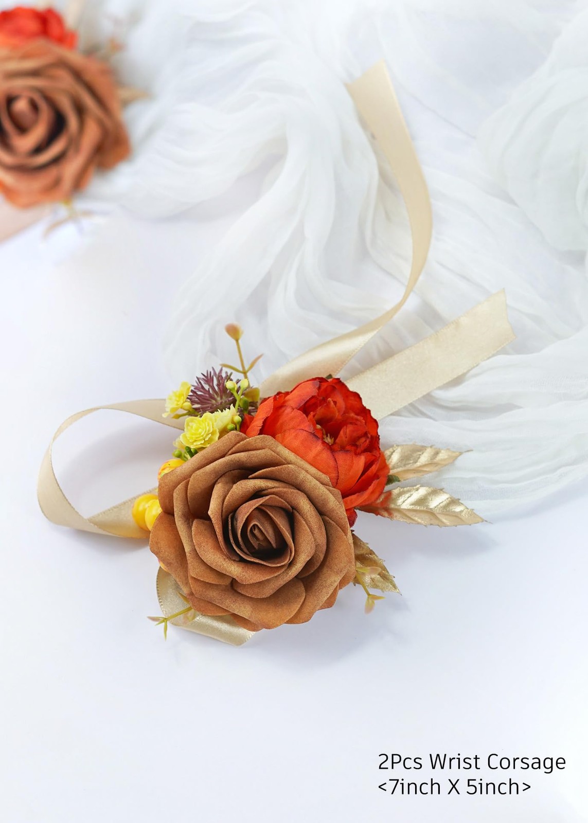 2 PCS Wedding Bridesmaid Wrist Corsage Burnt Orange Cream Yellow Rose