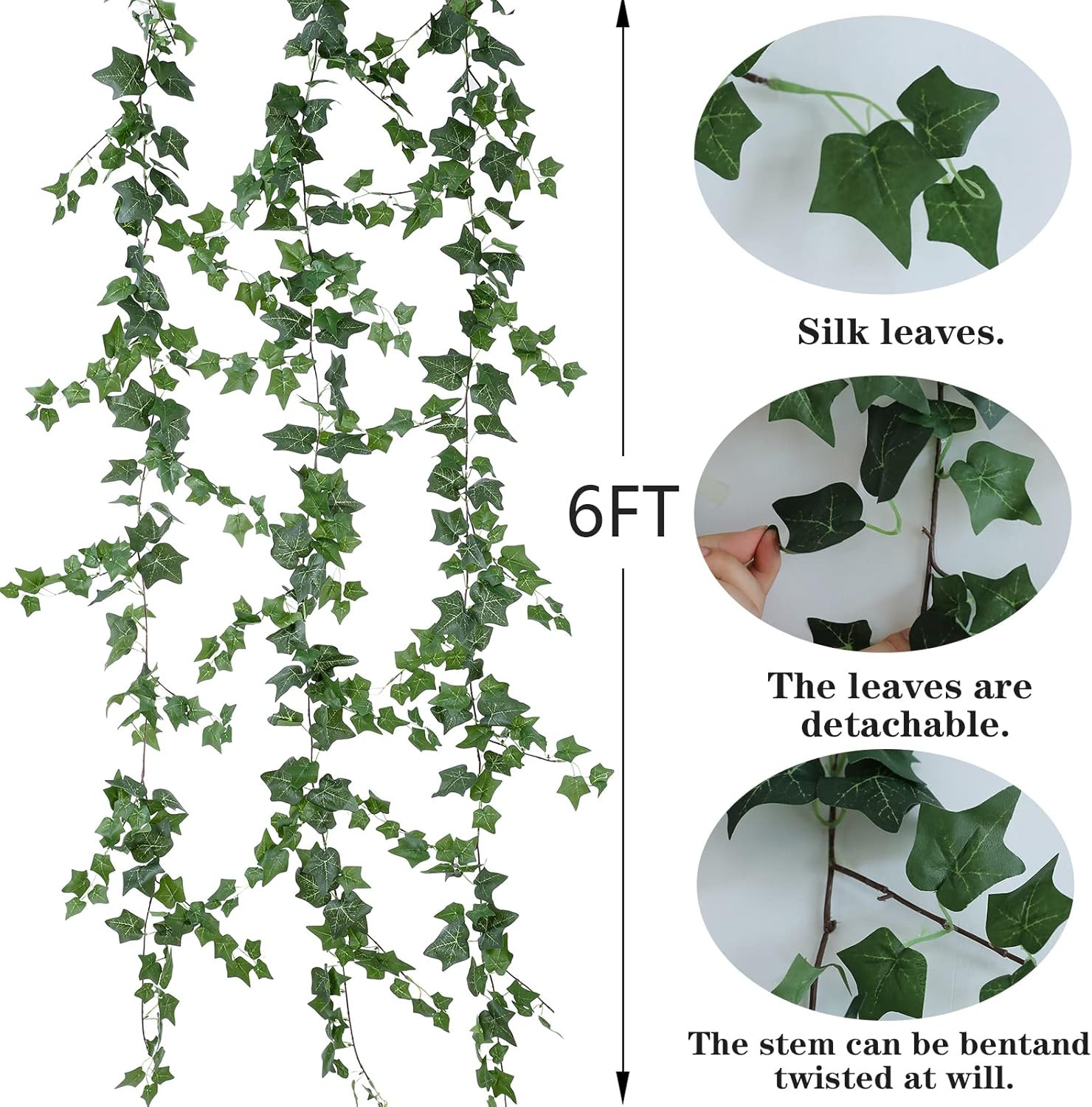 3Pcs Artificial Greenery Ivy Vines Kit, 6FT Odorless Silk Ivy Garland, Green Lea