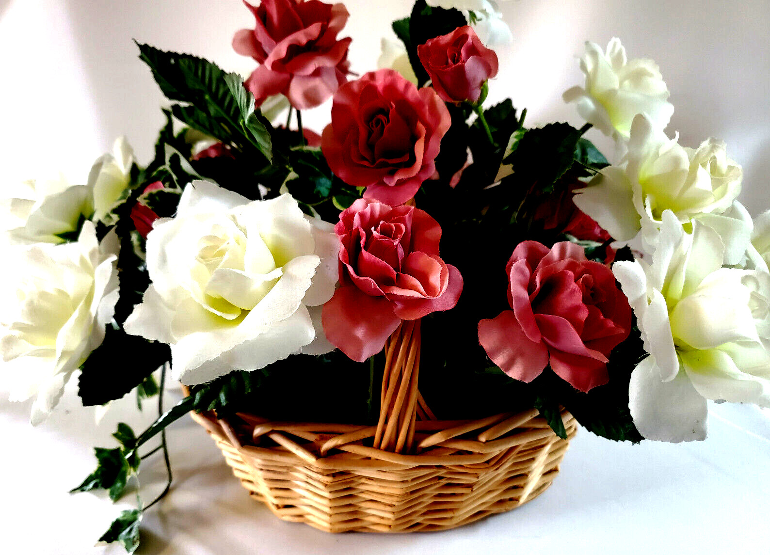 Fresh Spring Garden Pink & White Roses Silk Floral Arrangement in a Woven Basket