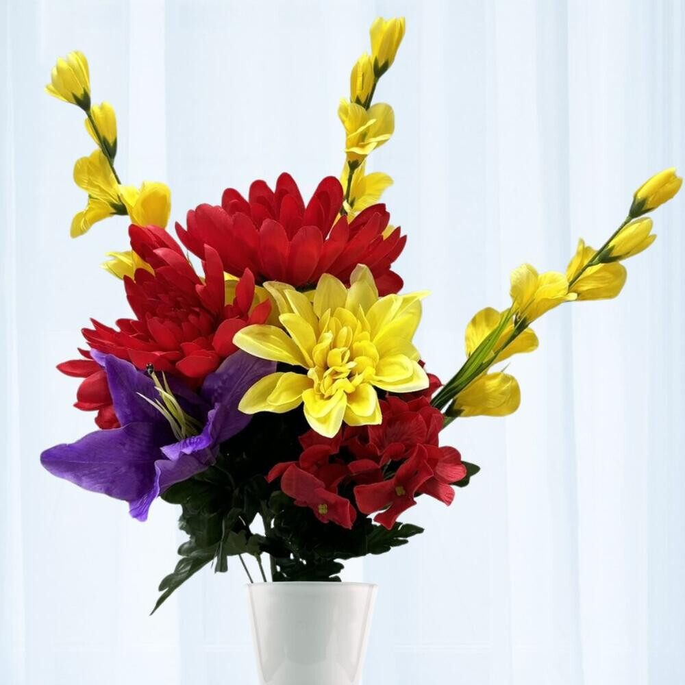 23″ Artificial Red, Purple & Yellow Mum, Lily & Hydrangea Floral Bush