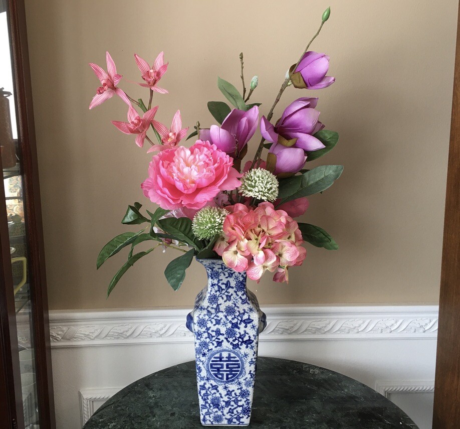 Chinese Blue White Double Happiness Vase Artificial White, Purple Pink Flowers