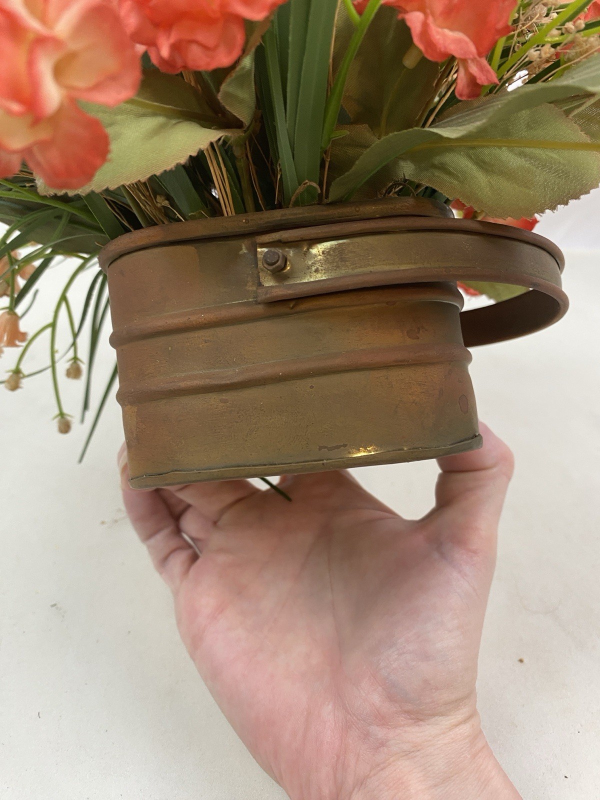 Silk Floral Arrangement Antiqued Small Brass Basket With Faux Flowers