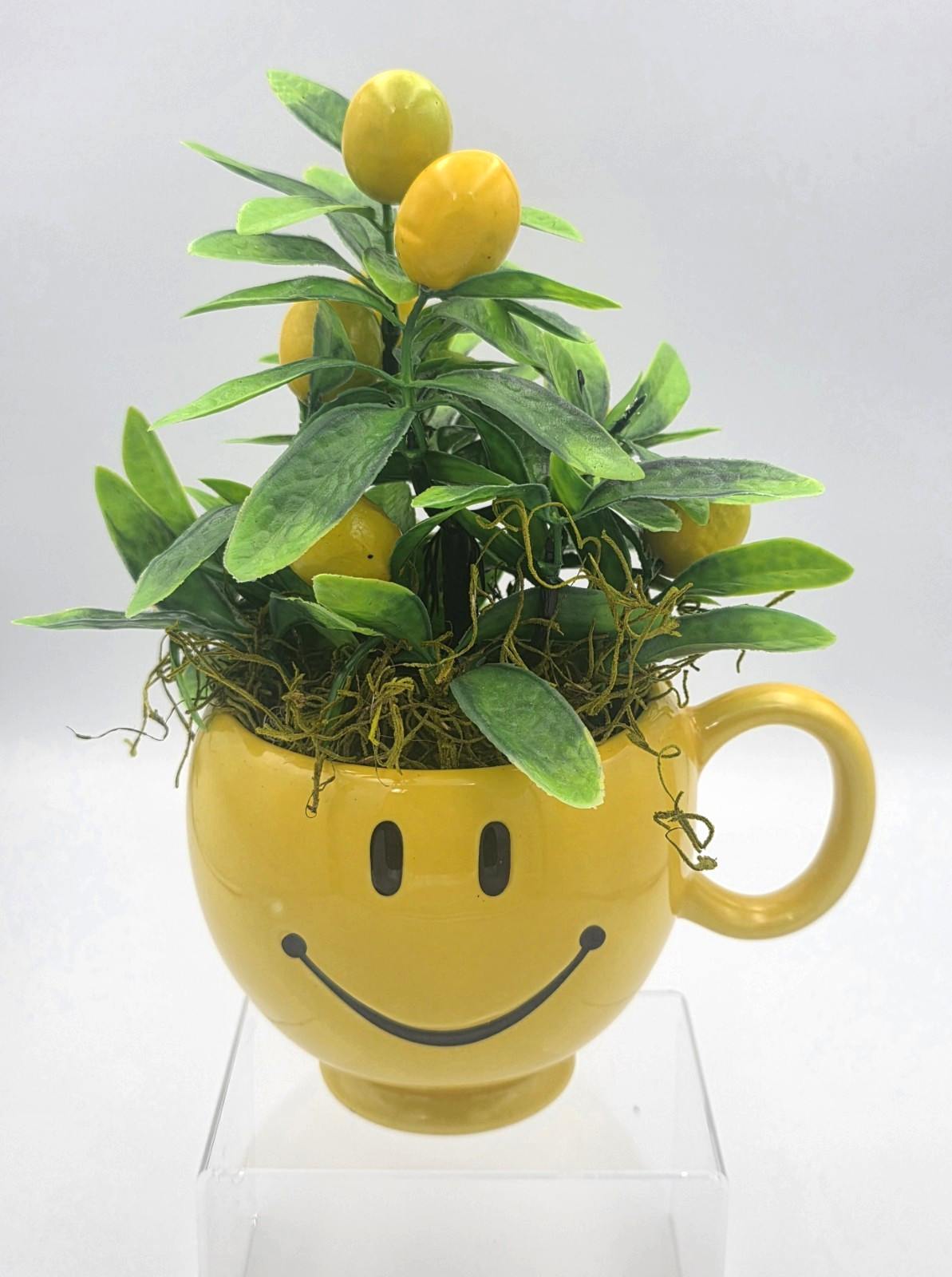 SMILEY FACE BRIGHT YELLOW CERAMIC CUP WITH LEMON TREE FLORAL ARRANGEMENT