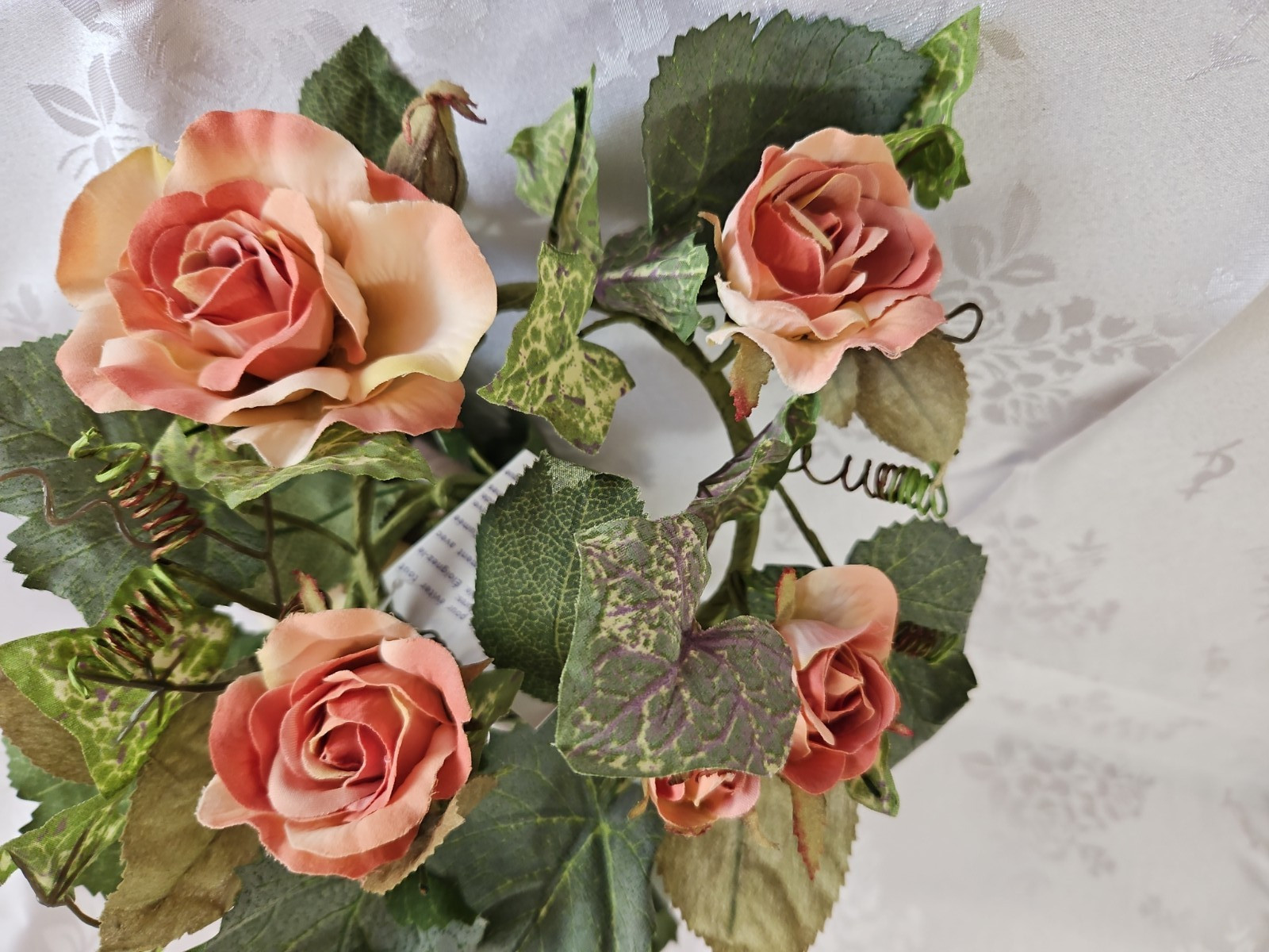 Home Interiors 40501 Victorian Rose Ivy Pair Candle Rings /Peach Pink Sage/New