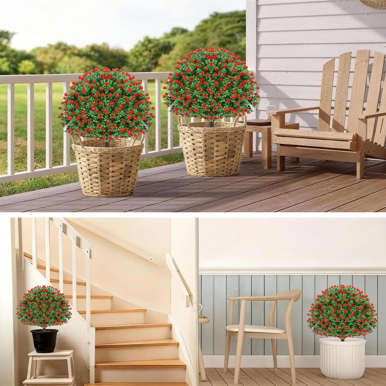24’’ Artificial Boxwood Topiary Ball Tree with Rose – Set of 2 Artificial Shr…