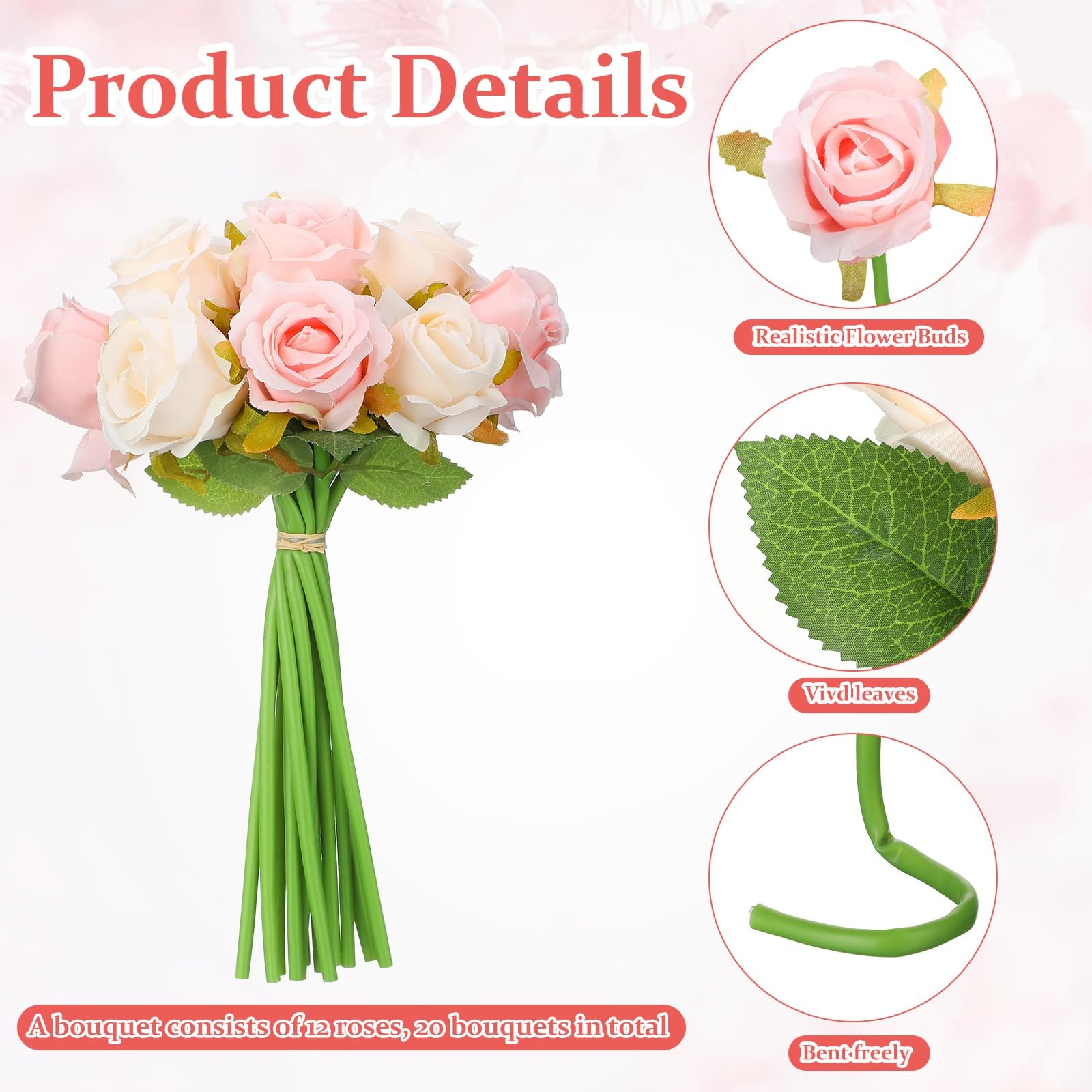 Artificial Rose Flowers Bouquet 240 Pcs 9.84″ Height Silk Pink White – Wedding
