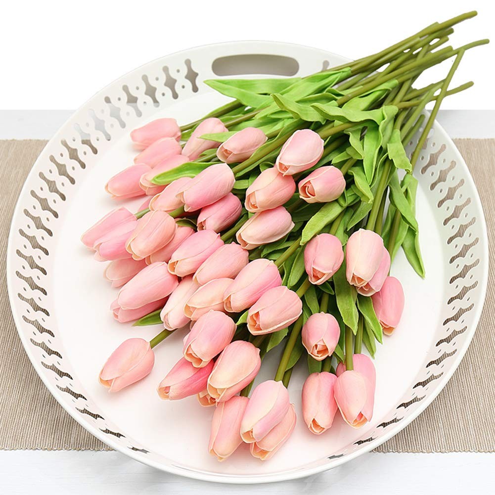 10 PCS Artificial Flowers Real Touch Mini PU Tulips Bouquet Pink Decor