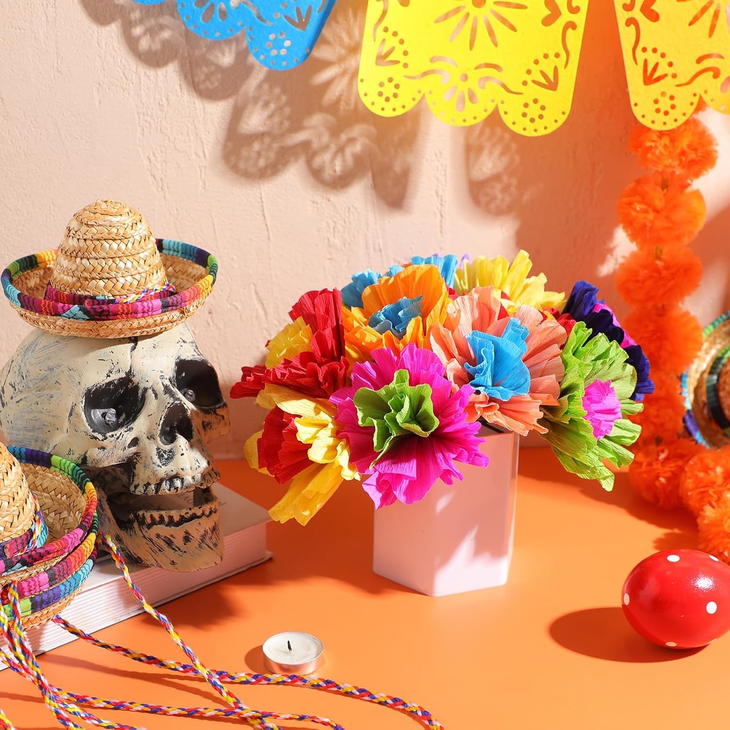 12 Pcs Mexican Artificial Rainbow Crepe Paper Flowers Bunch with Stems Mexica…
