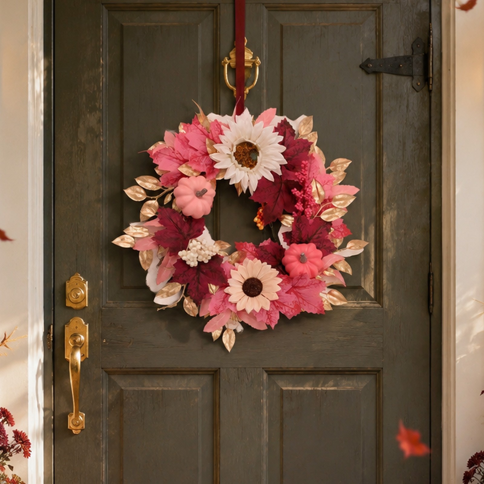 15.75in Door Wreath in Pink Burgundy Gradient Leaves Pumpkins Sunflowers